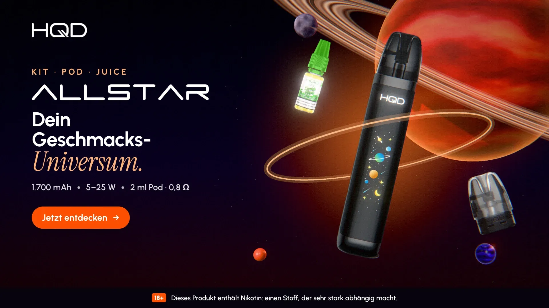 ALLSTAR banner: the device floating before an orange ringed gas planet, pod and liquid bottle on a glowing orbit