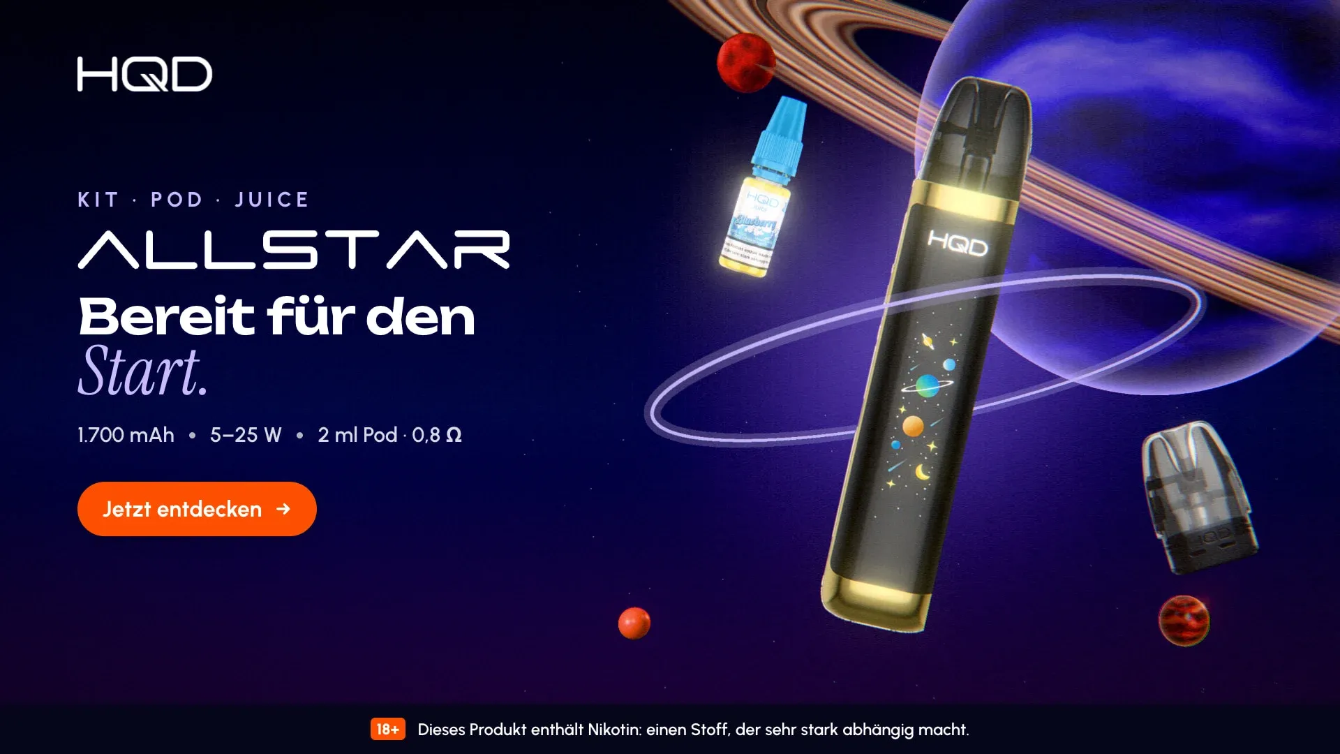ALLSTAR, design two: a violet planet, the gold device, “Bereit für den Start.”