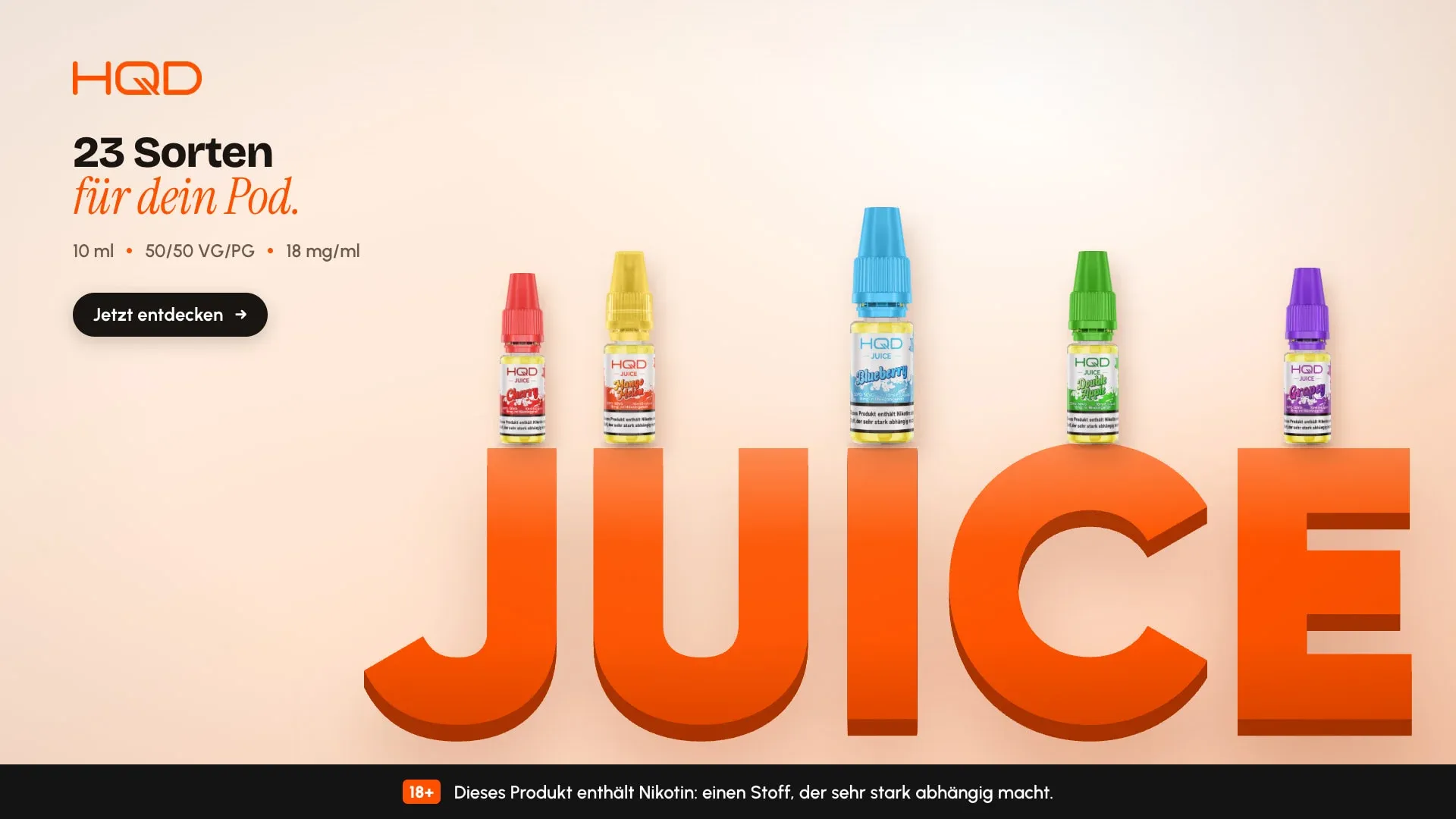 JUICE banner: five liquid bottles standing on top of a 3D orange JUICE wordmark on warm cream