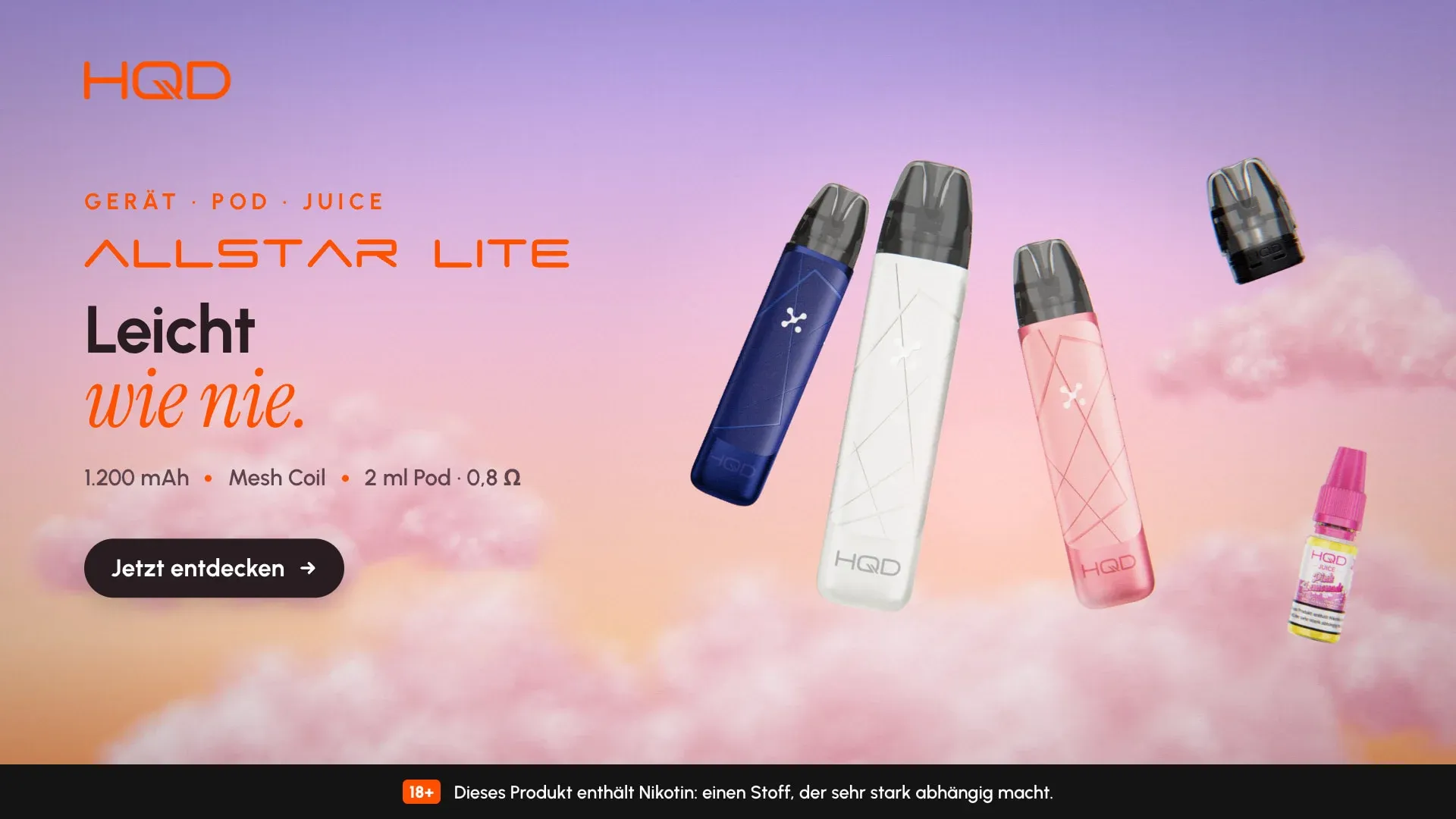ALLSTAR LITE banner: blue, white and pink devices floating above pink clouds at sunset, “Leicht wie nie.”