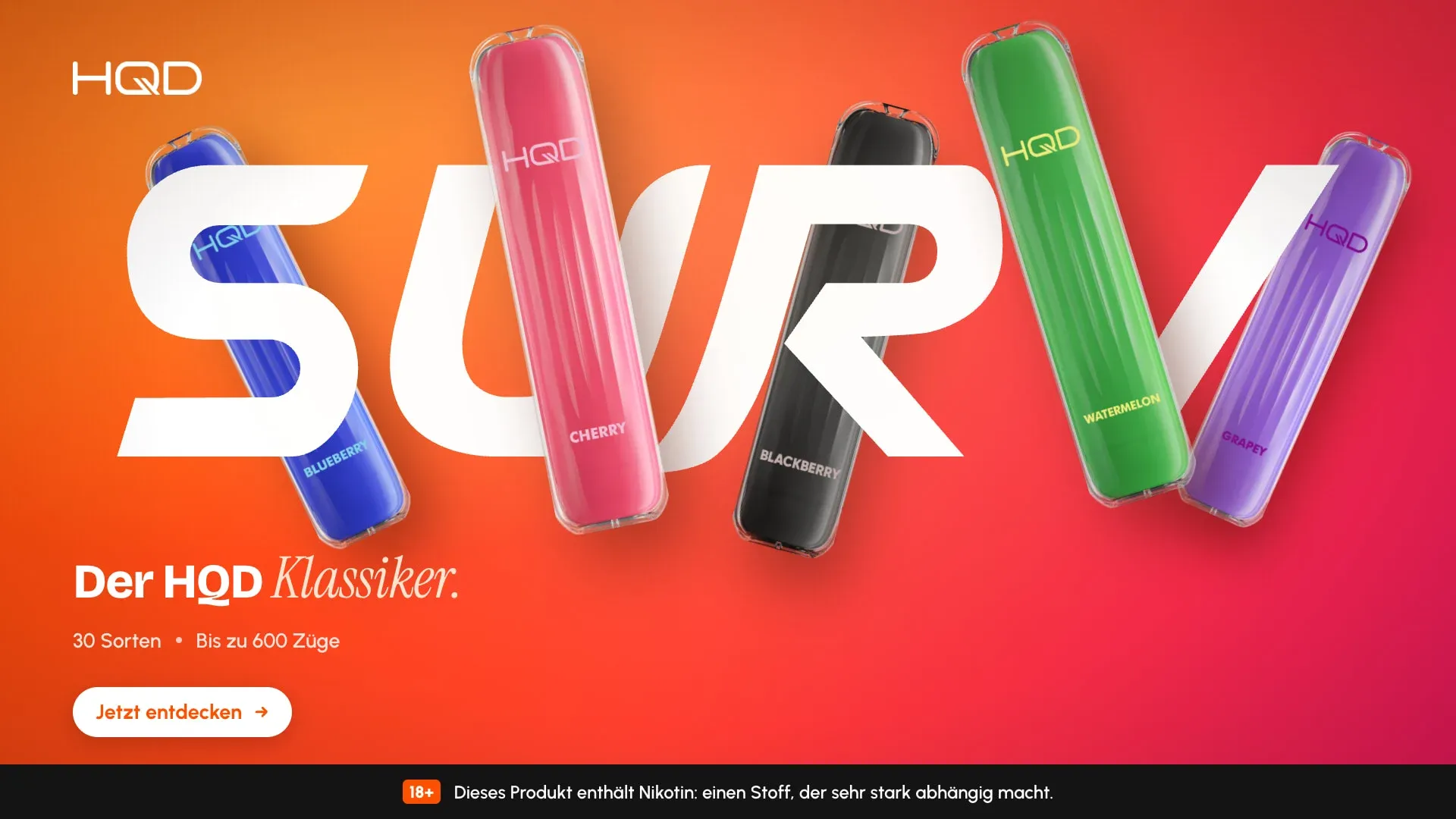 SURV banner: five SURV devices flying through a giant white SURV wordmark on an orange-to-magenta gradient