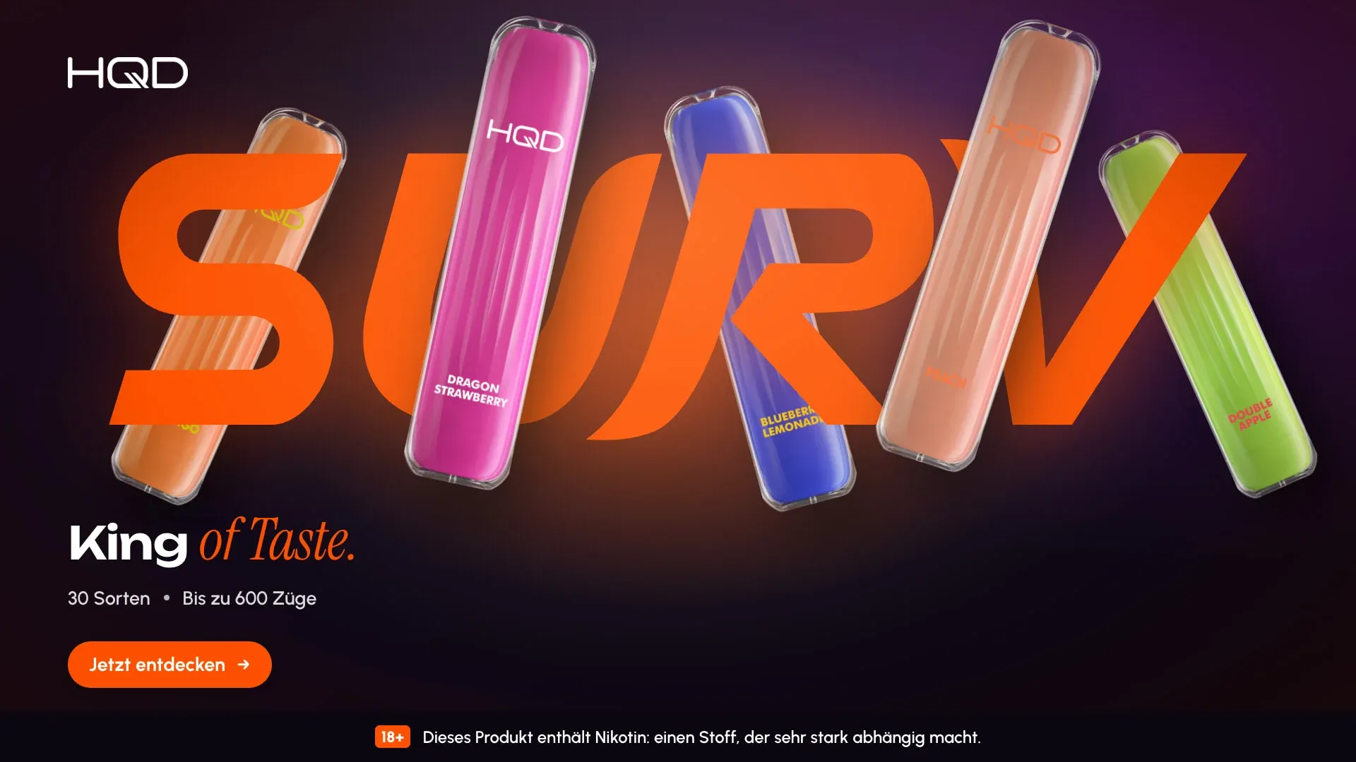 SURV, design two: the wordmark in glowing orange on violet-black, other flavours, “King of Taste.”