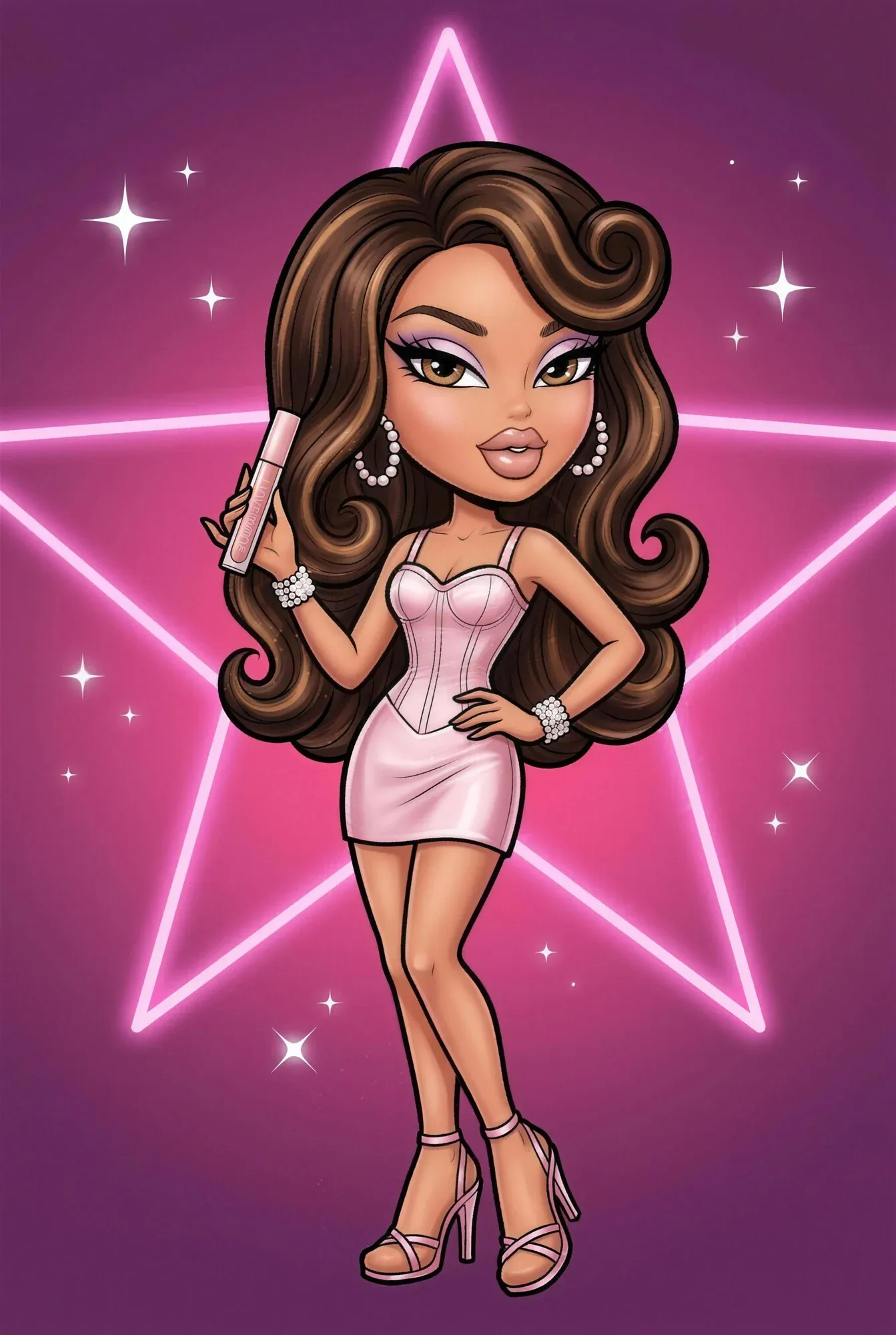 Bratz-style artwork: the character in front of a neon pink star, gloss in hand