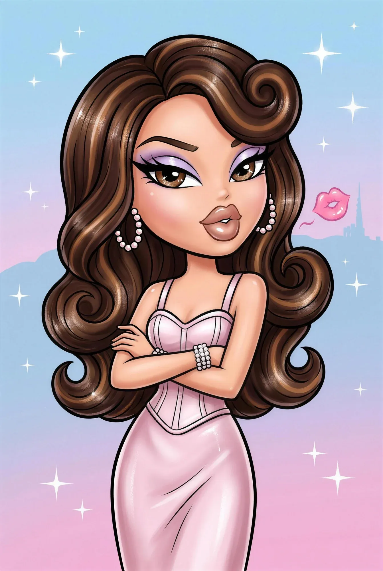 Bratz-style illustration of the character: pin curl, lilac wing, pink satin dress