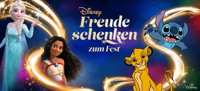 Web banner “Freude schenken zum Fest” with Elsa, Moana, Simba and Stitch