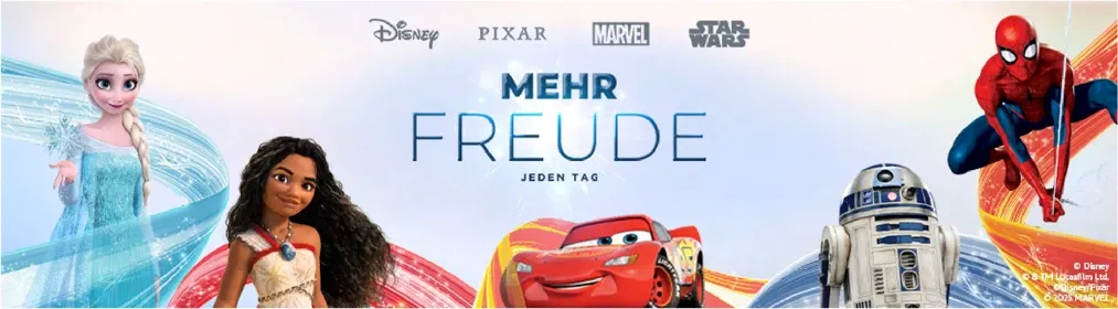 Wide banner “Mehr Freude jeden Tag” with Pixar’s Lightning McQueen