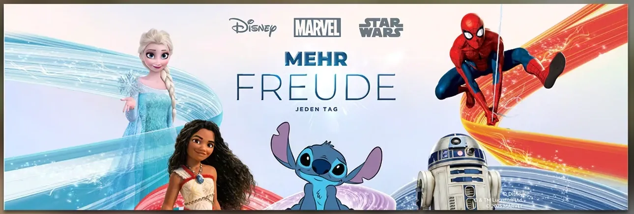 Brandshop banner “Mehr Freude jeden Tag” with Elsa, Moana, Stitch, Spider-Man and R2-D2