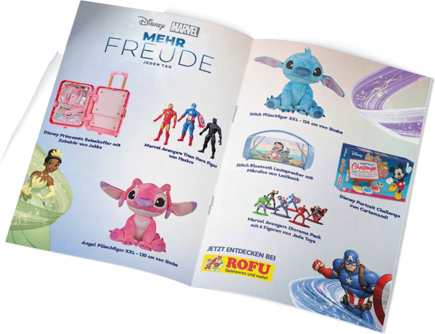 Booklet spread “Mehr Freude” with Stitch, Marvel and Pixar products