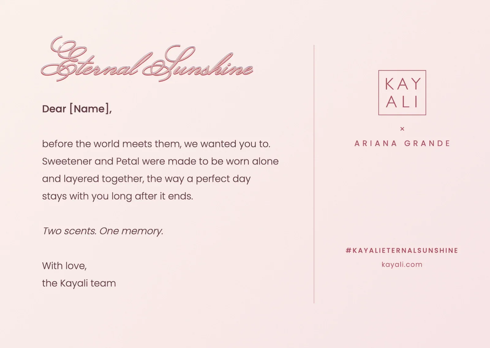 Campaign card, back: a note from the Kayali team