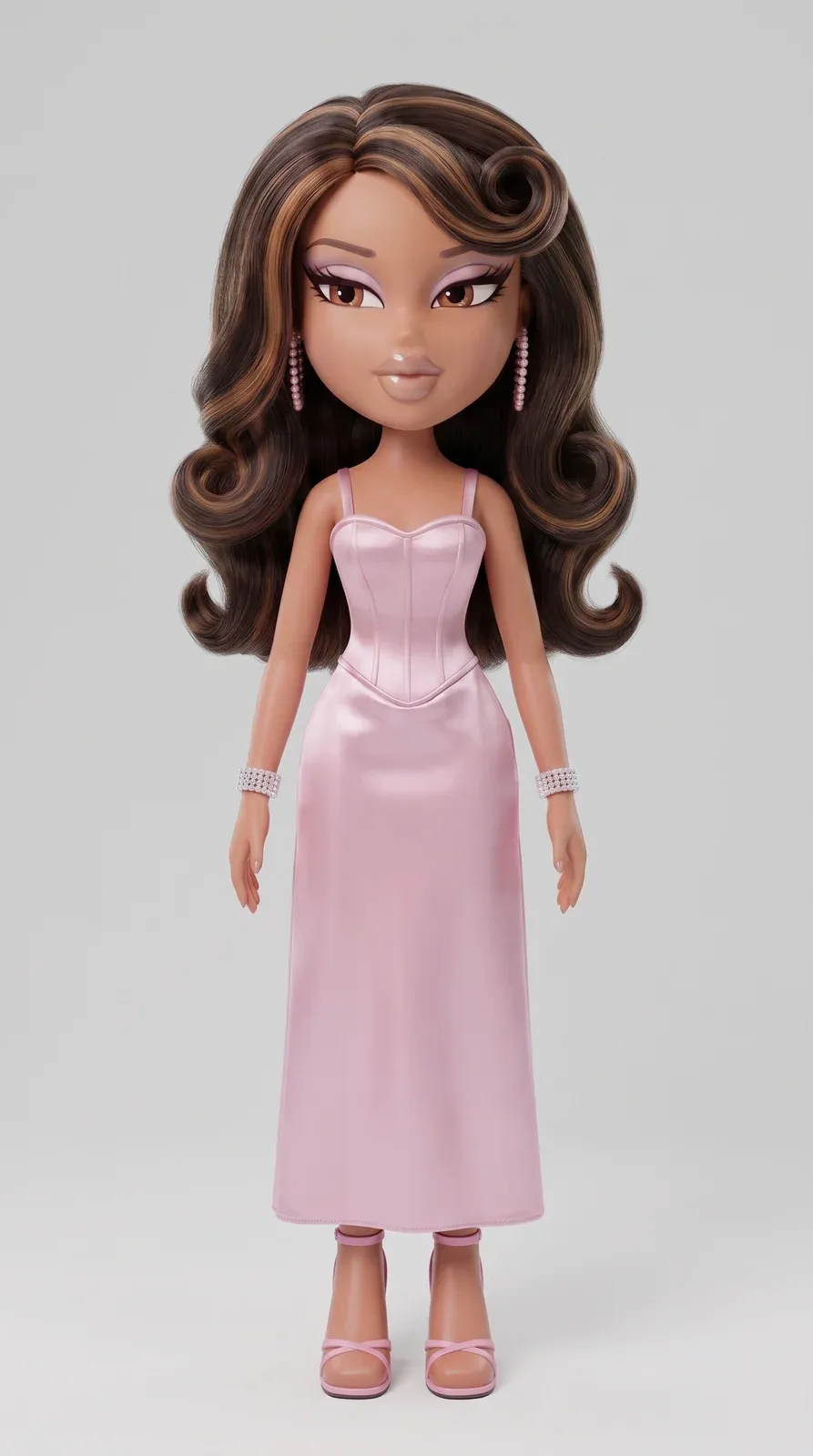 Character sheet, front view: the doll in her pink satin corset slip dress
