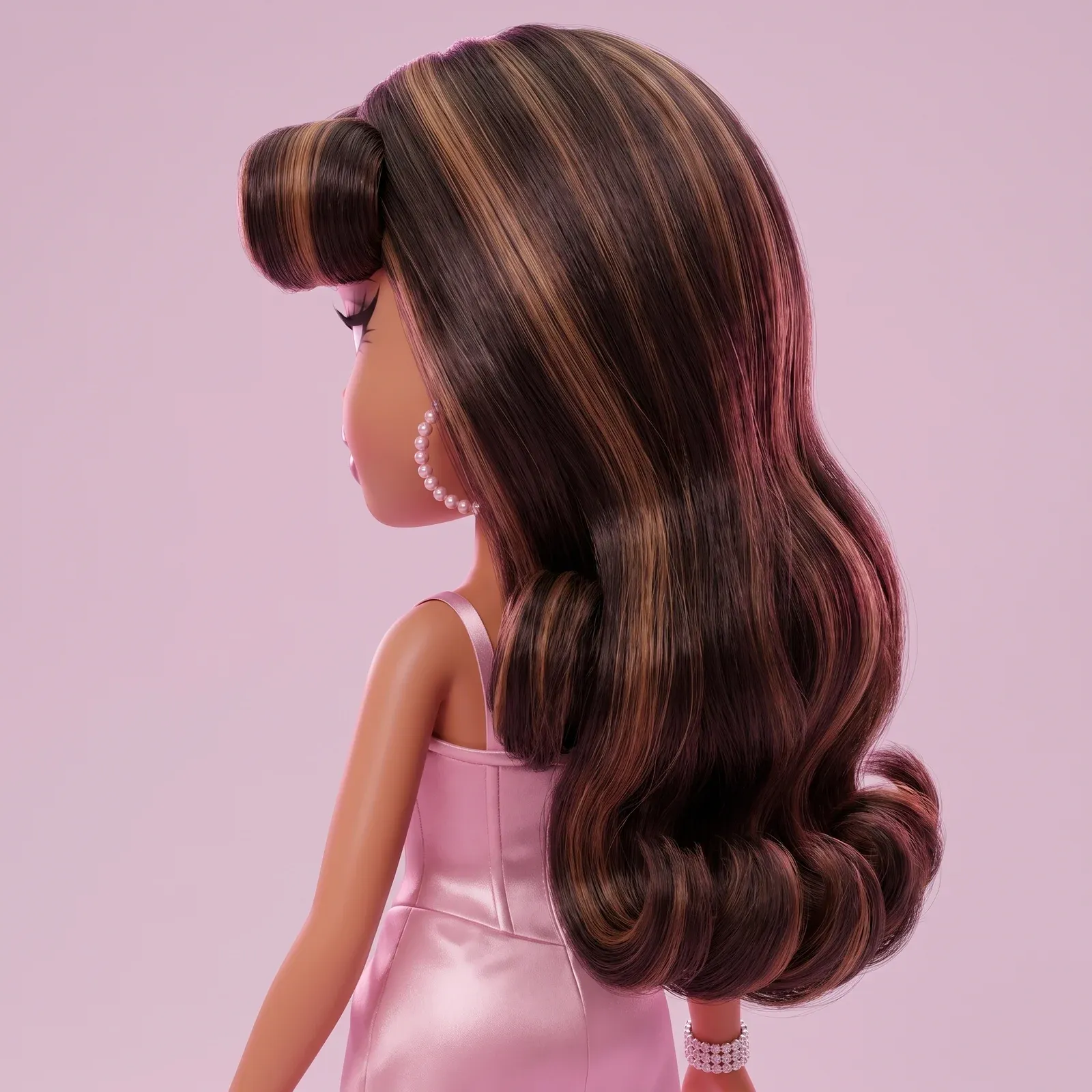 Character reference: the hair from behind, pin curl and caramel streaks