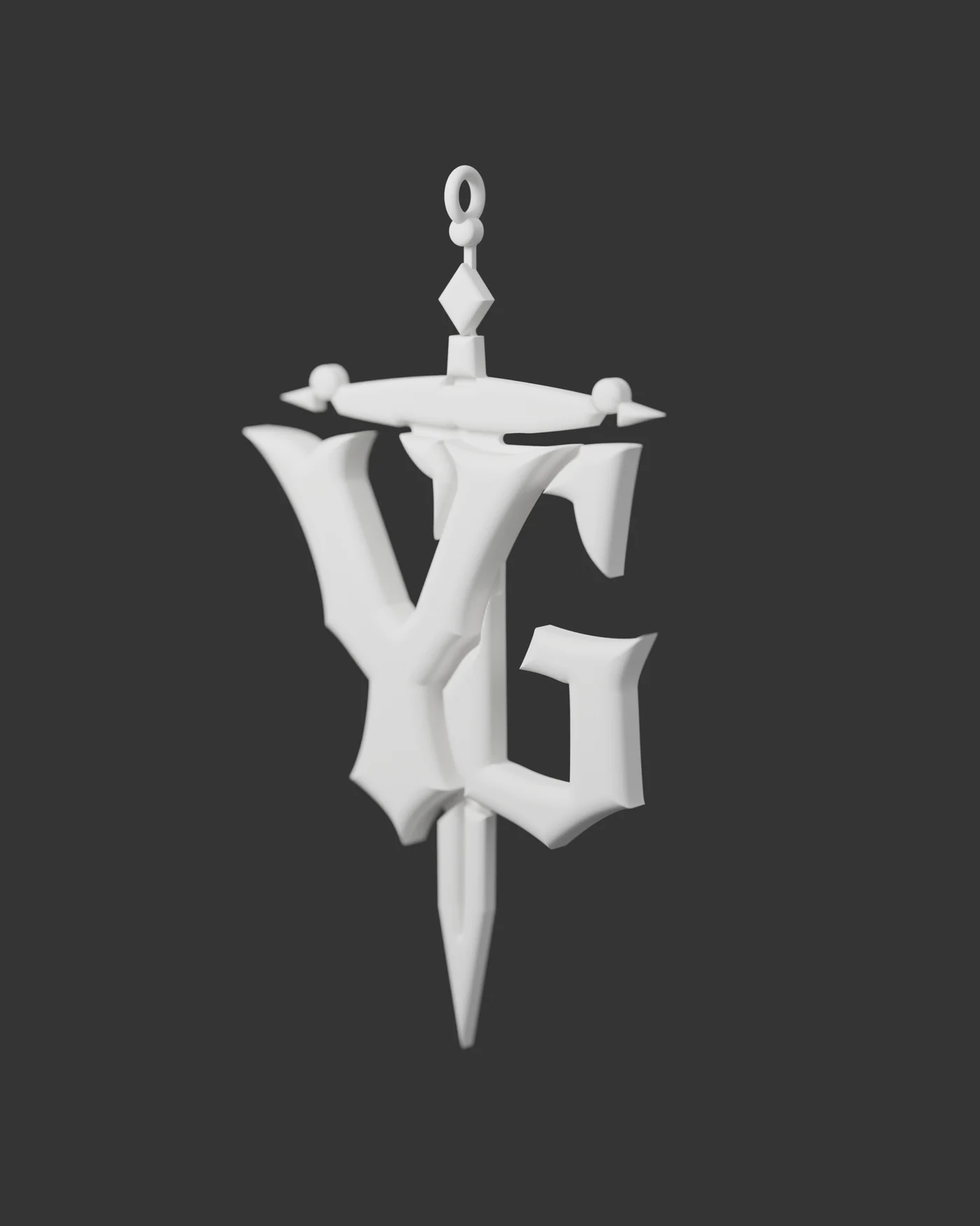 Clay render of the YG dagger mark as an object, matte white