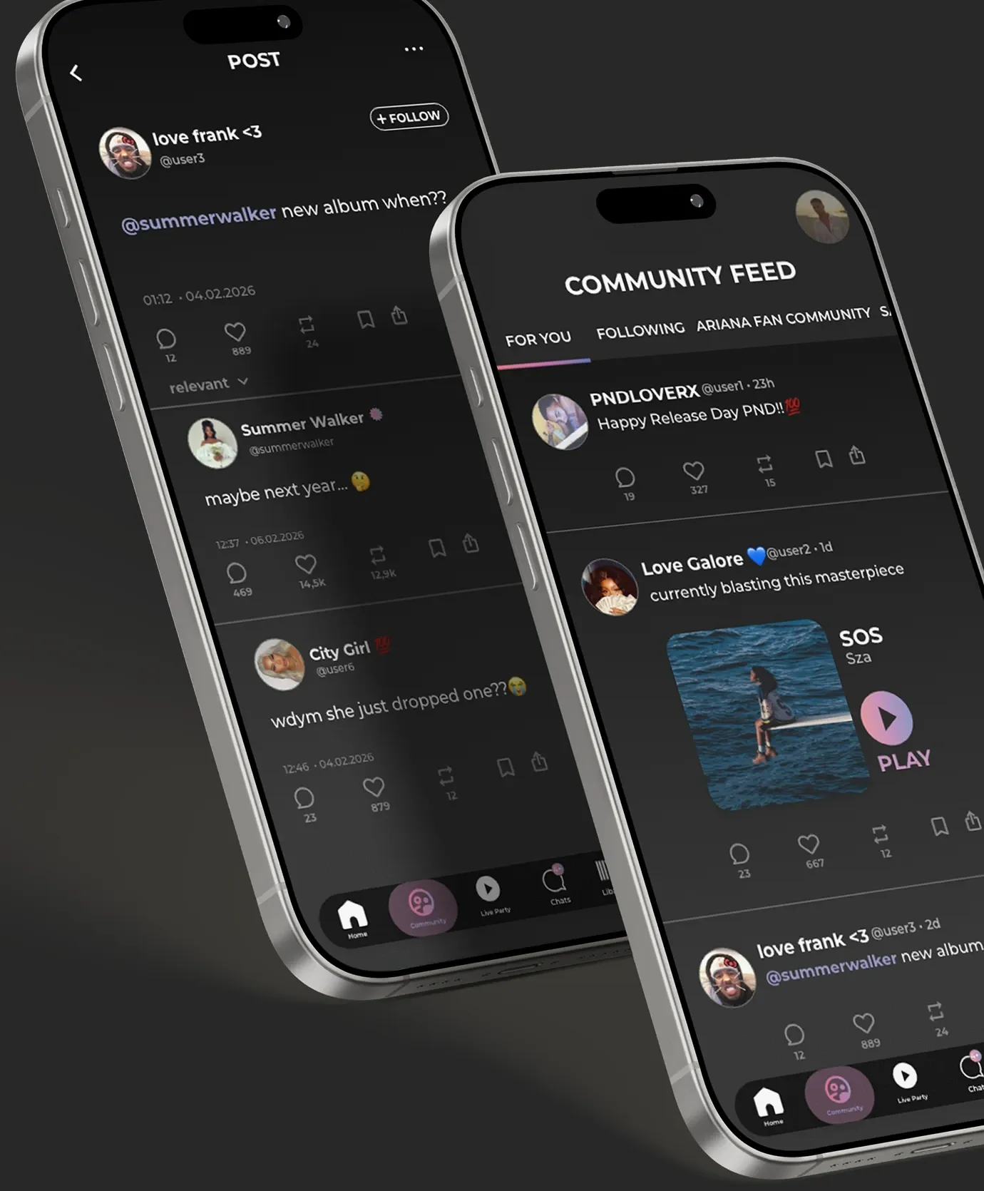 FREQ community feed screens