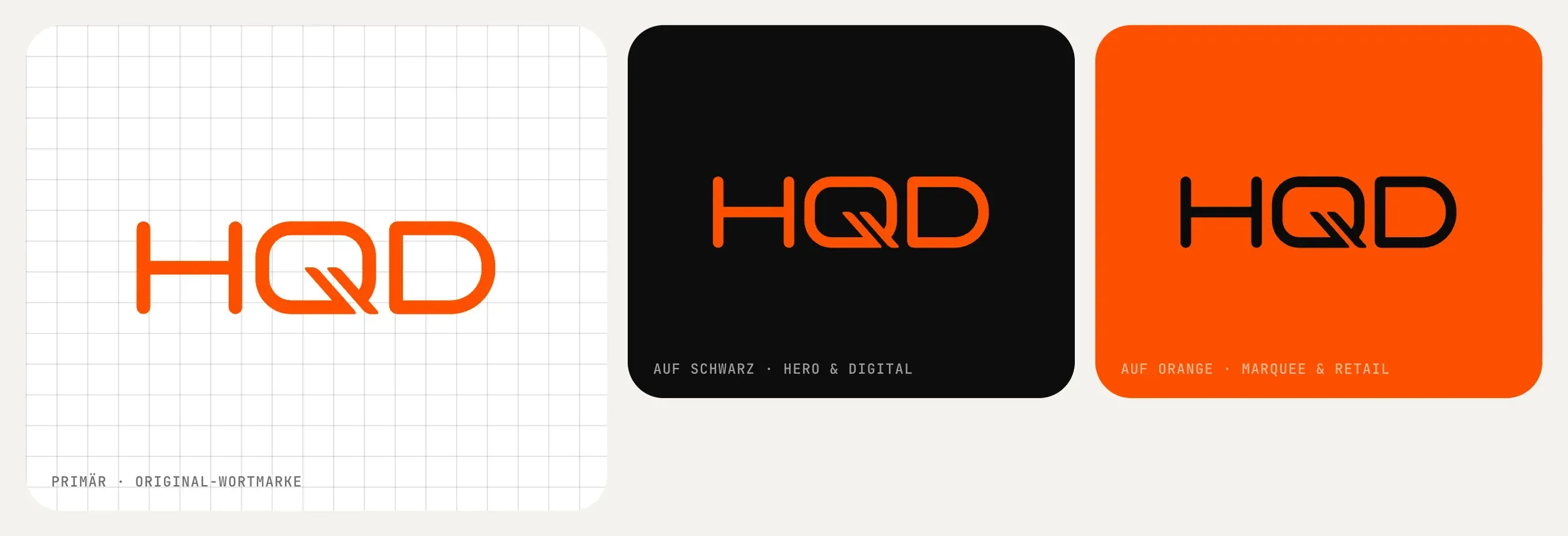The HQD wordmark on white, on black and black on orange