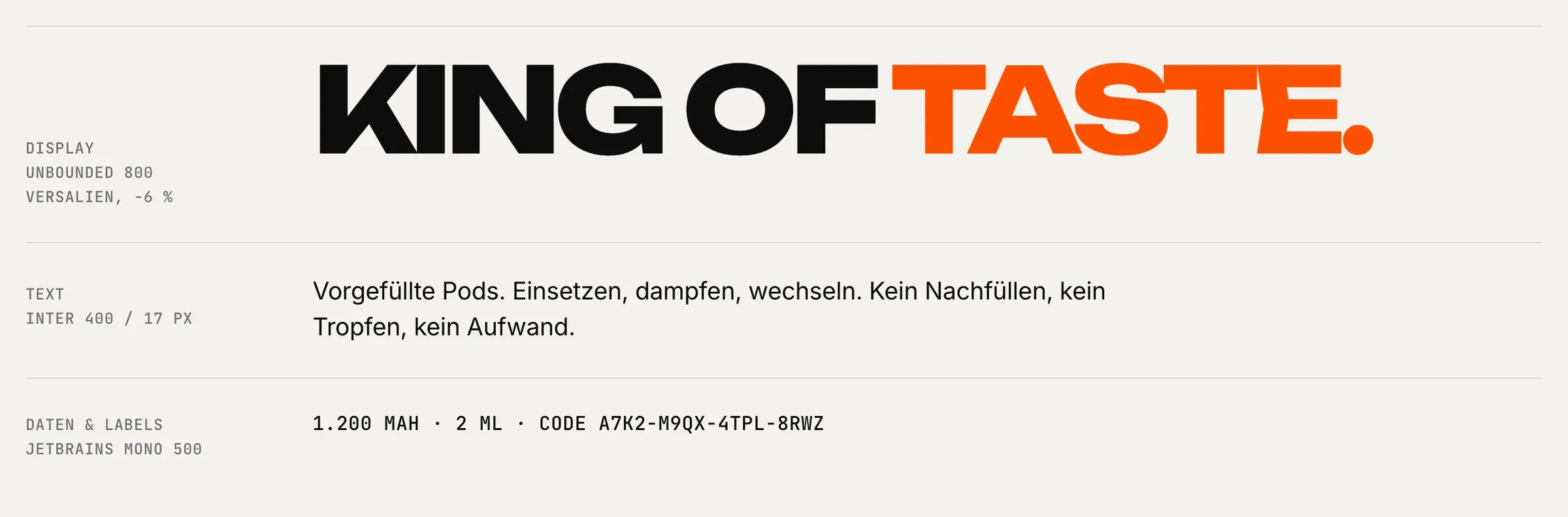 Type specimen: King of Taste in Unbounded, body in Inter, specs in JetBrains Mono