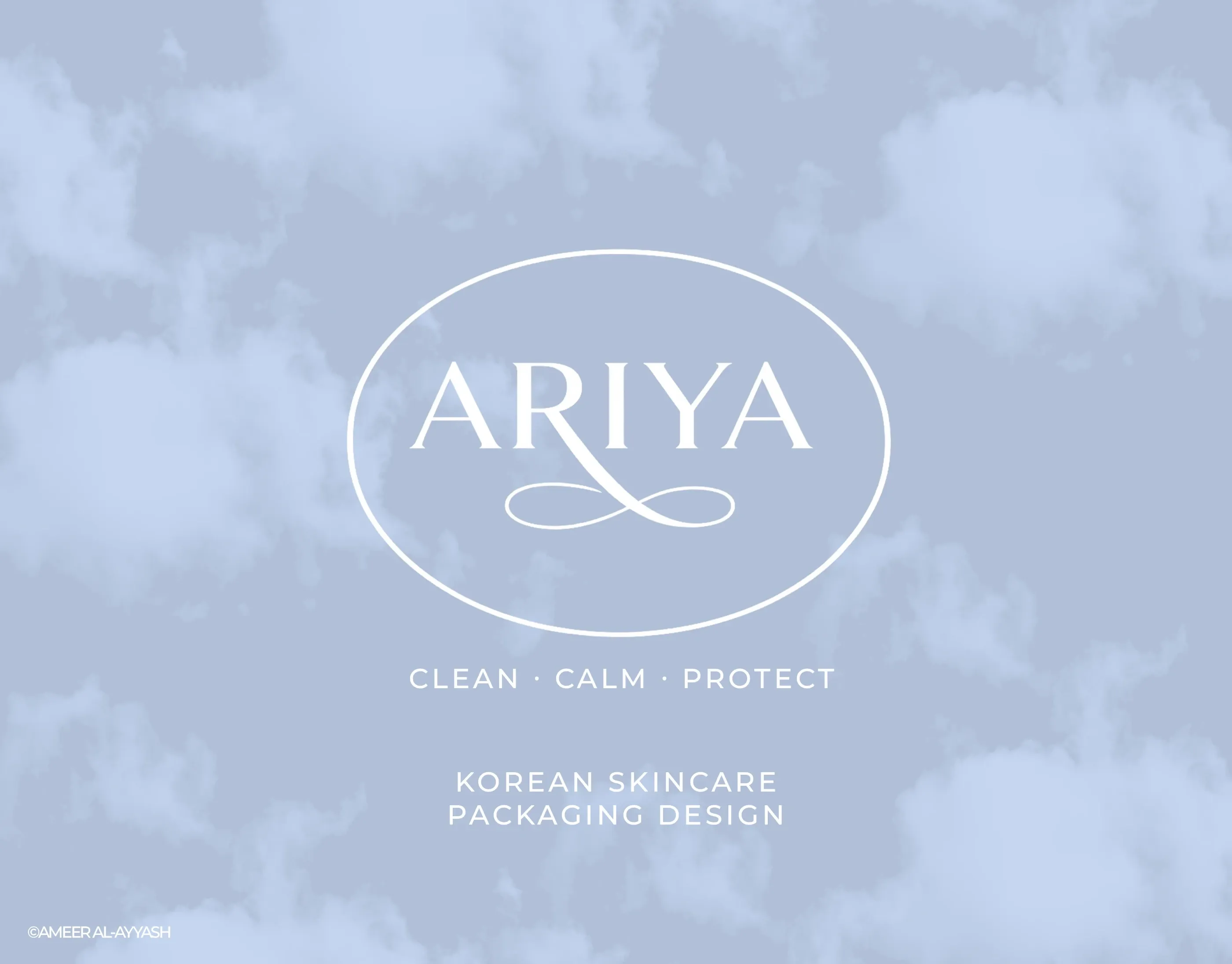 ARIYA logo in an oval with Clean, Calm, Protect, on a cloud sky