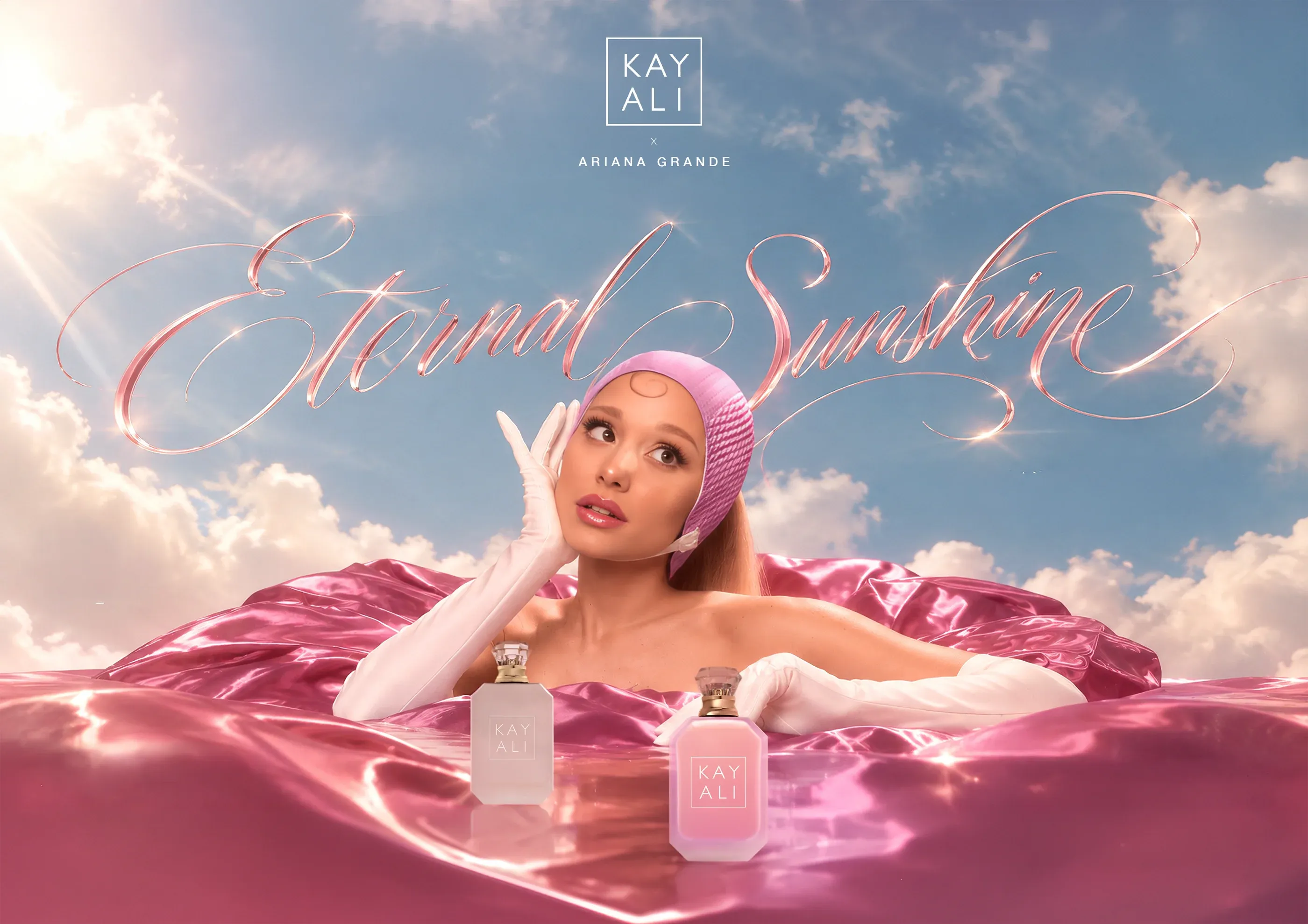 Eternal Sunshine key visual: Ariana Grande in pink satin under a summer sky with both flacons