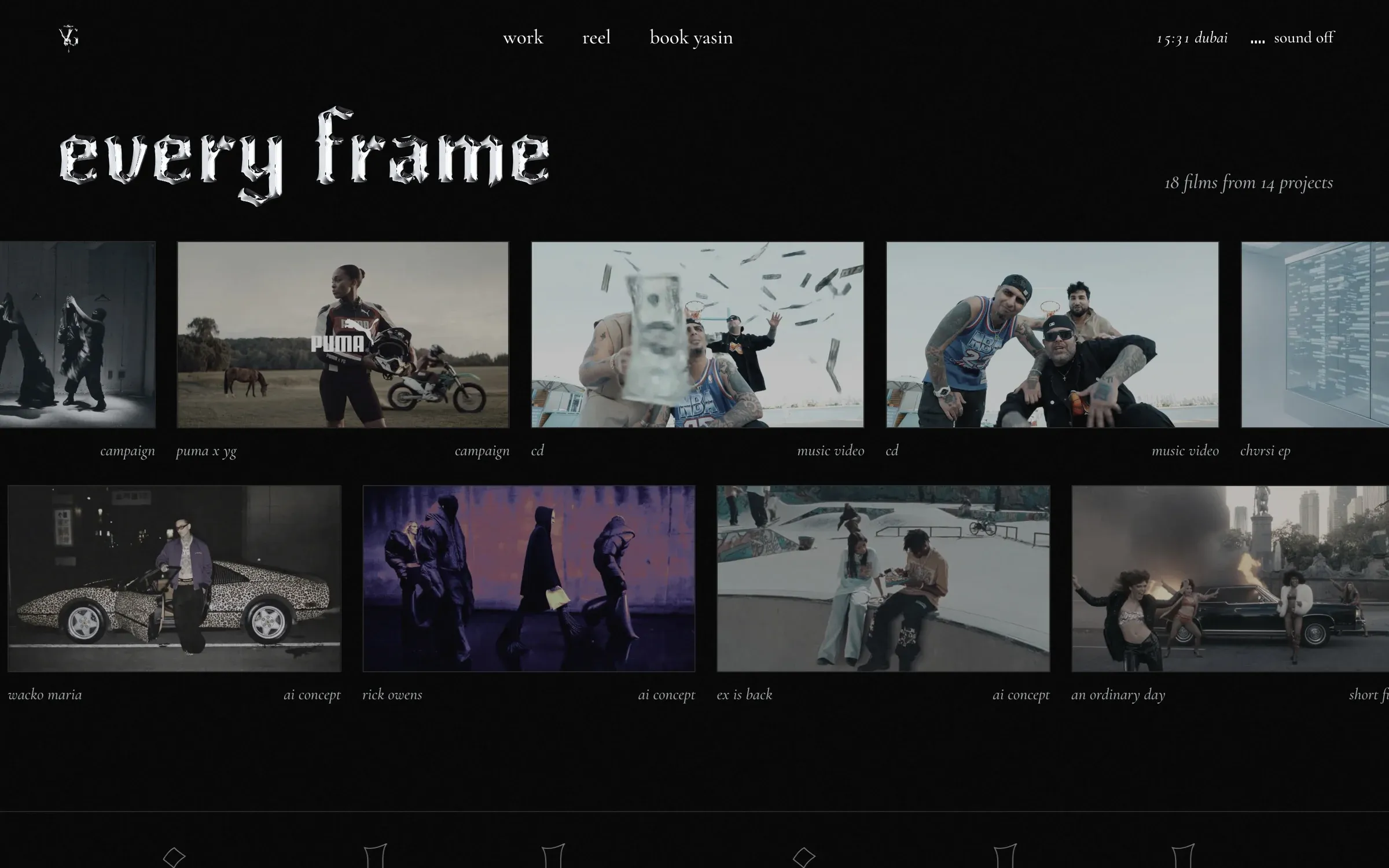 Every frame: two rows of film stills drifting in opposite directions