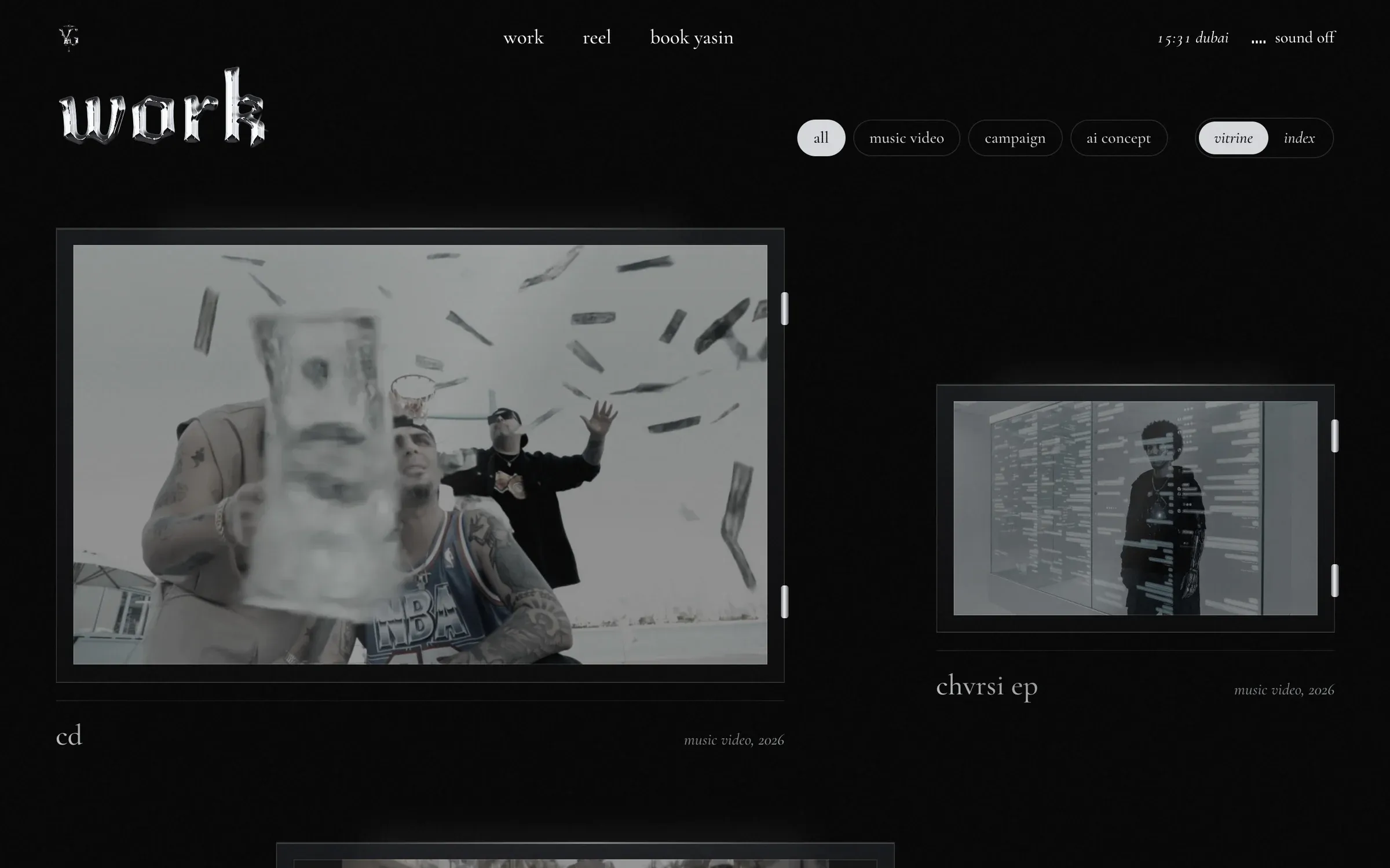 The work section: project vitrines with filters by kind