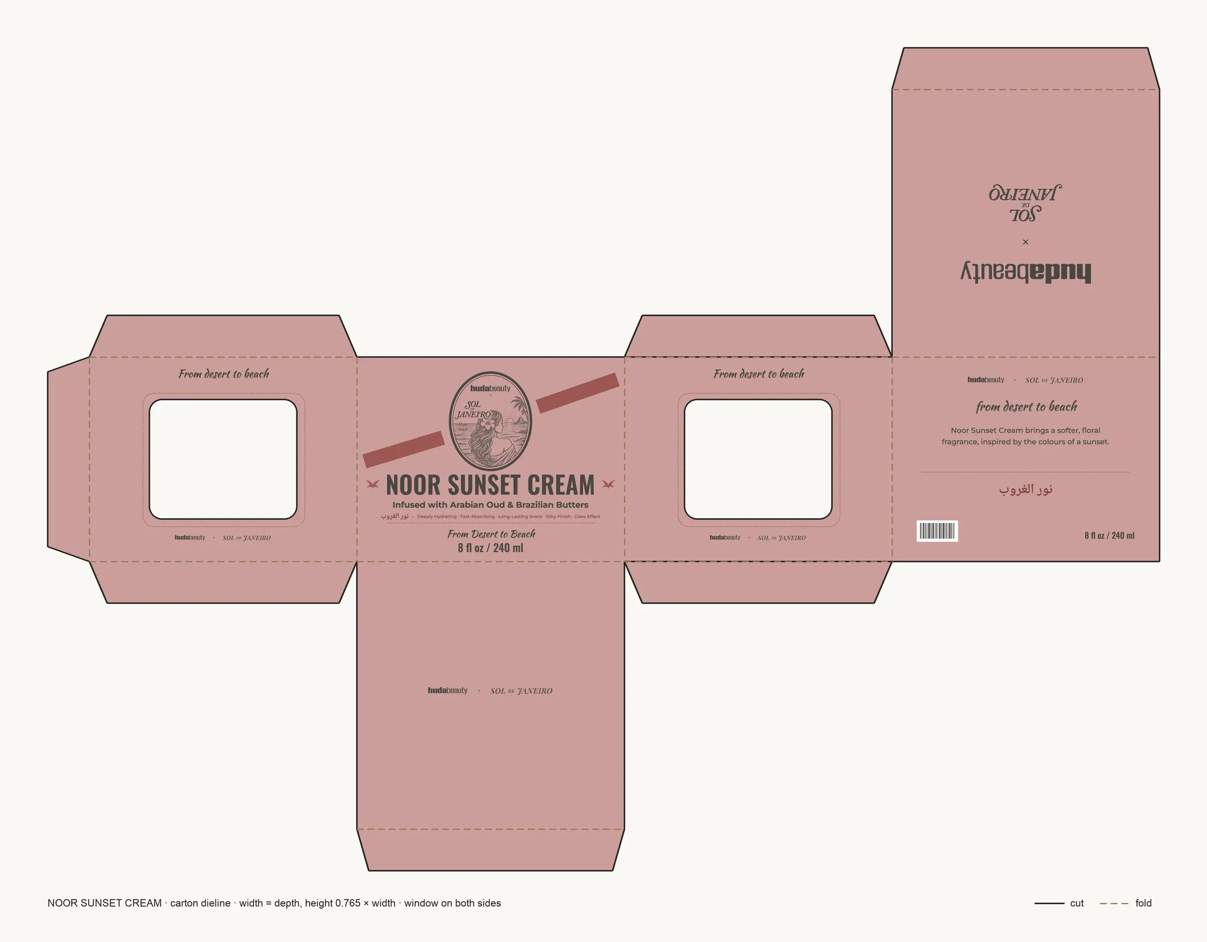 The flat dieline of the pink Noor Sunset gift box