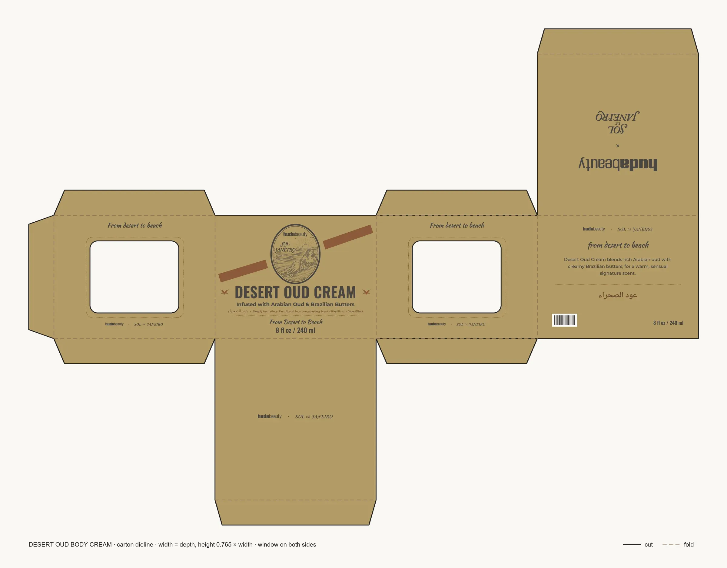 The flat dieline of the gold Desert Oud gift box