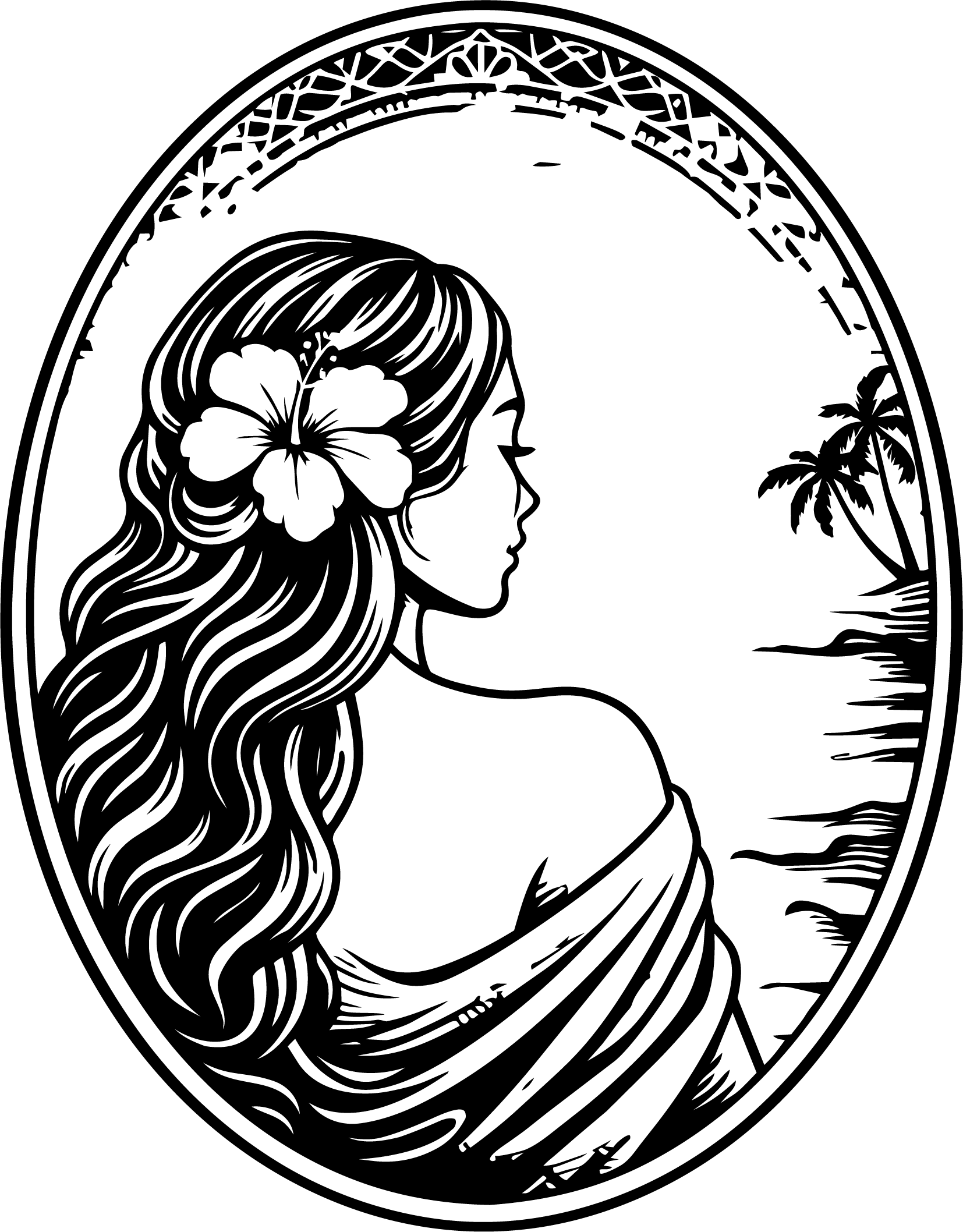 Line drawing in an oval: a woman seen from behind with a hibiscus in her long hair, palms and sea beyond