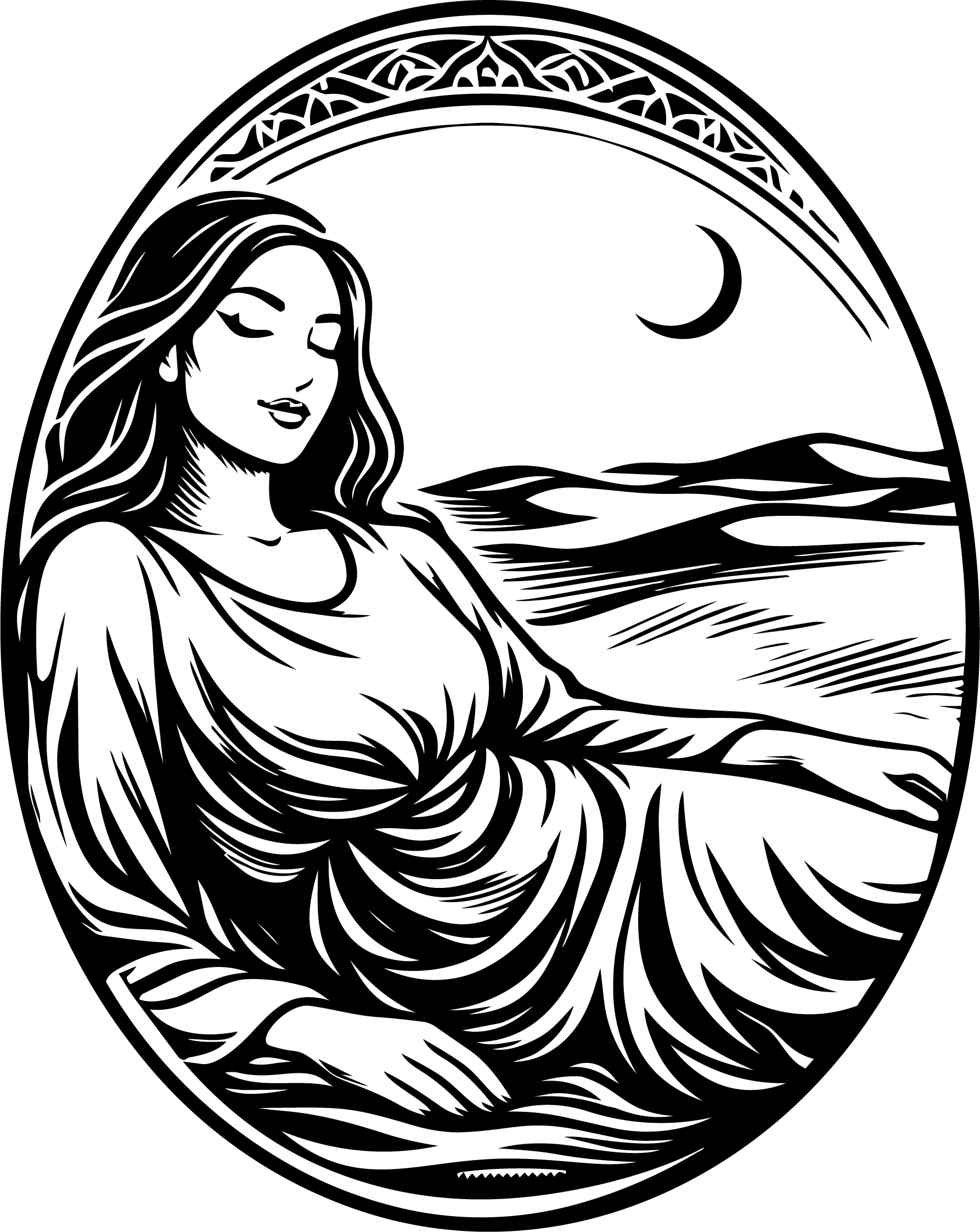Line drawing in an oval: a woman reclining in the dunes under a crescent moon