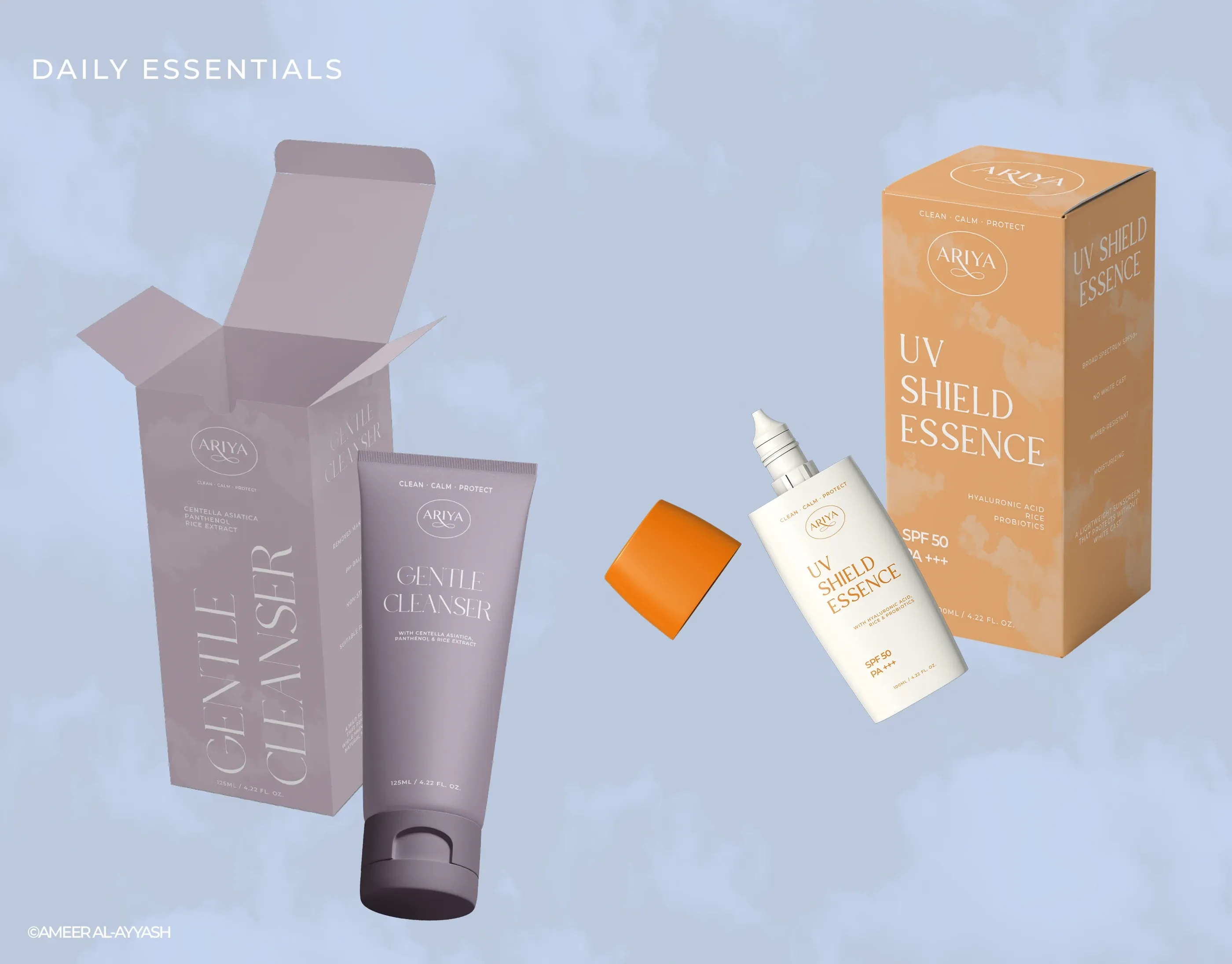 Gentle Cleanser tube and UV Shield Essence bottle with boxes