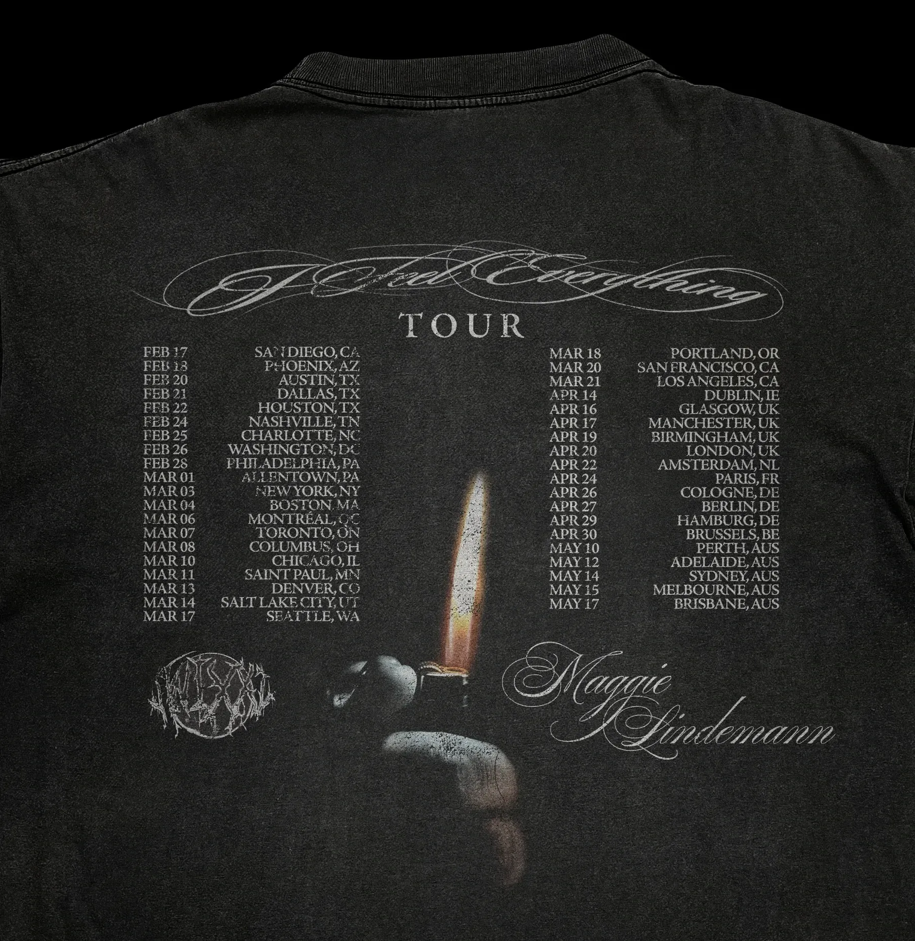 Back print: the tour routing beside a lit lighter