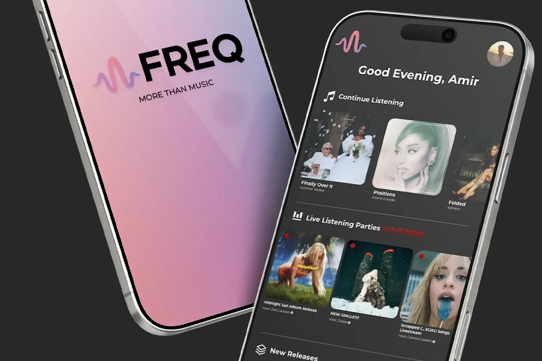 The FREQ app home screen on two phones