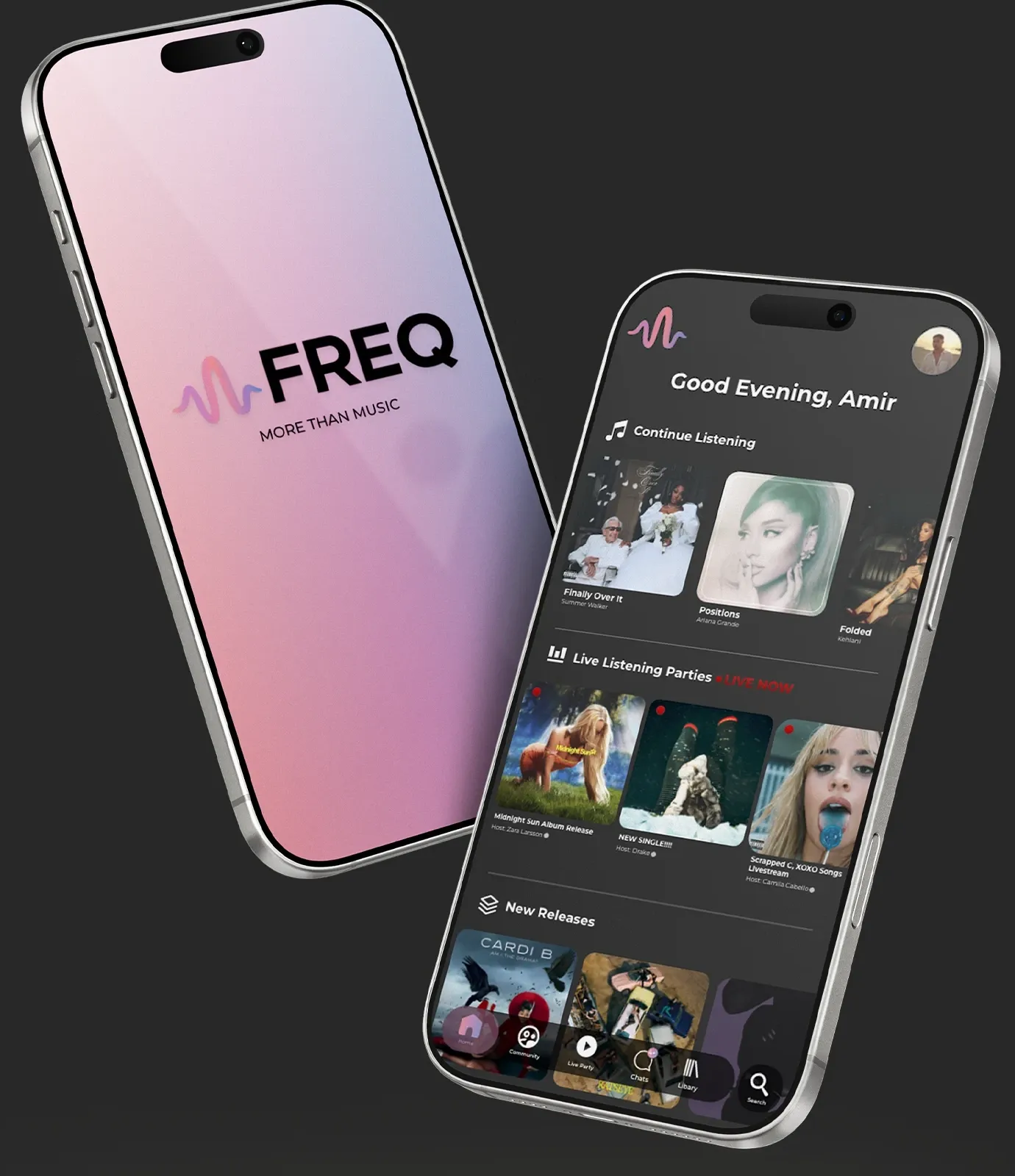 FREQ splash screen and home feed on two phones