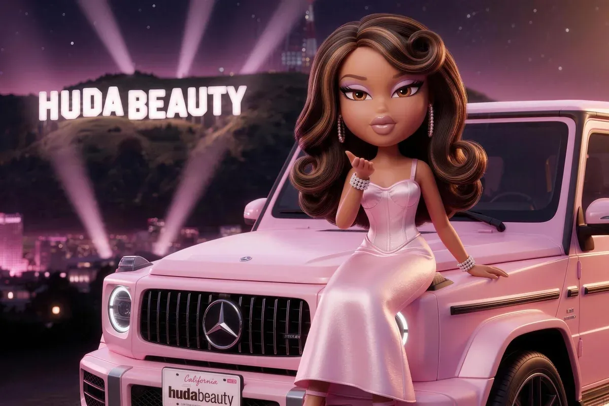 Night drive key visual: the Huda × Bratz doll on a pink G-Class under the HUDA BEAUTY sign