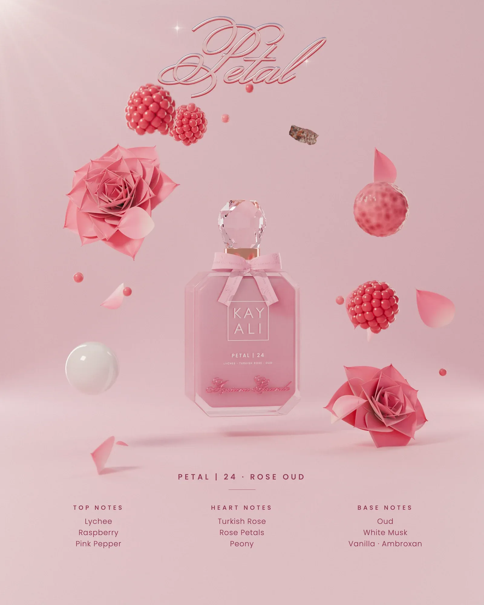 Petal ingredients: rose, lychee, raspberry and petals around the flacon