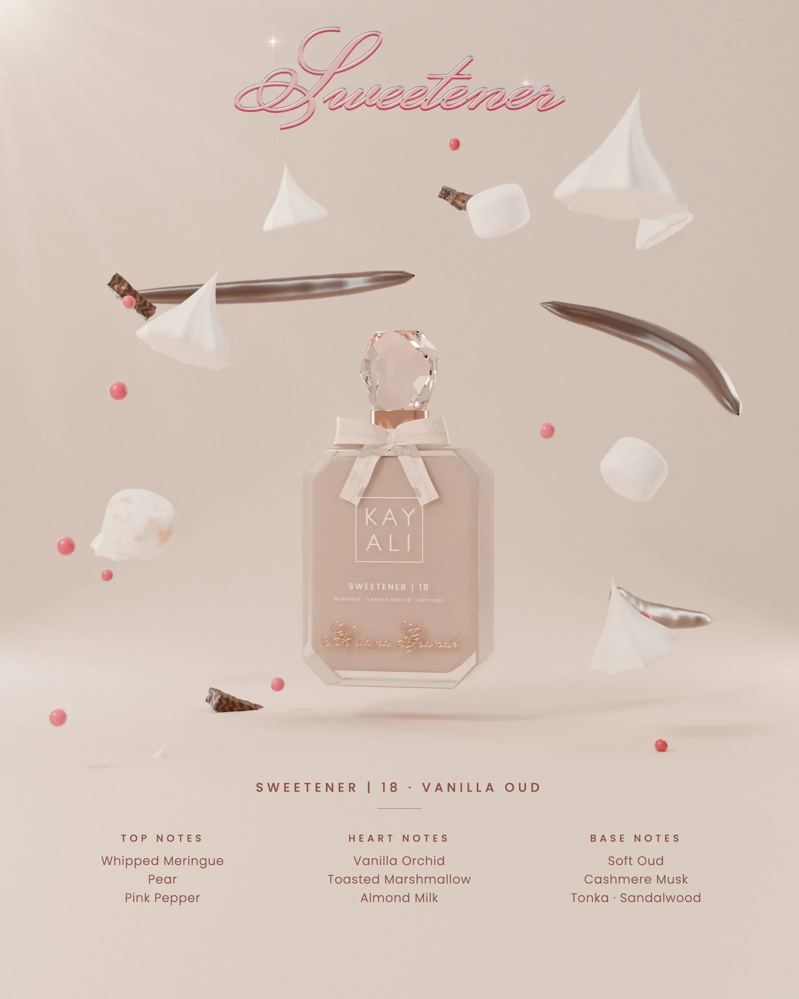 Sweetener ingredients: meringue, vanilla pod, marshmallow and oud around the flacon