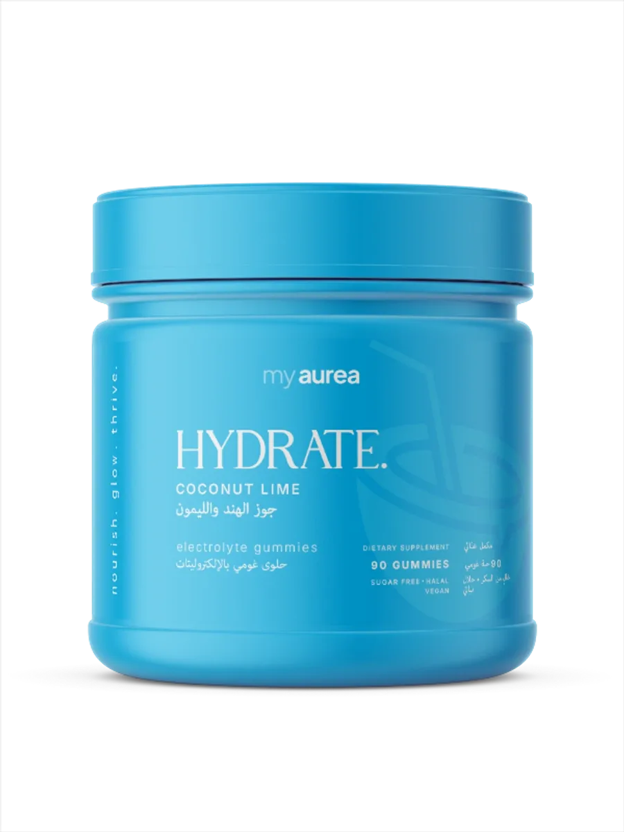 my hydrate — a bright blue jar of coconut lime gummies