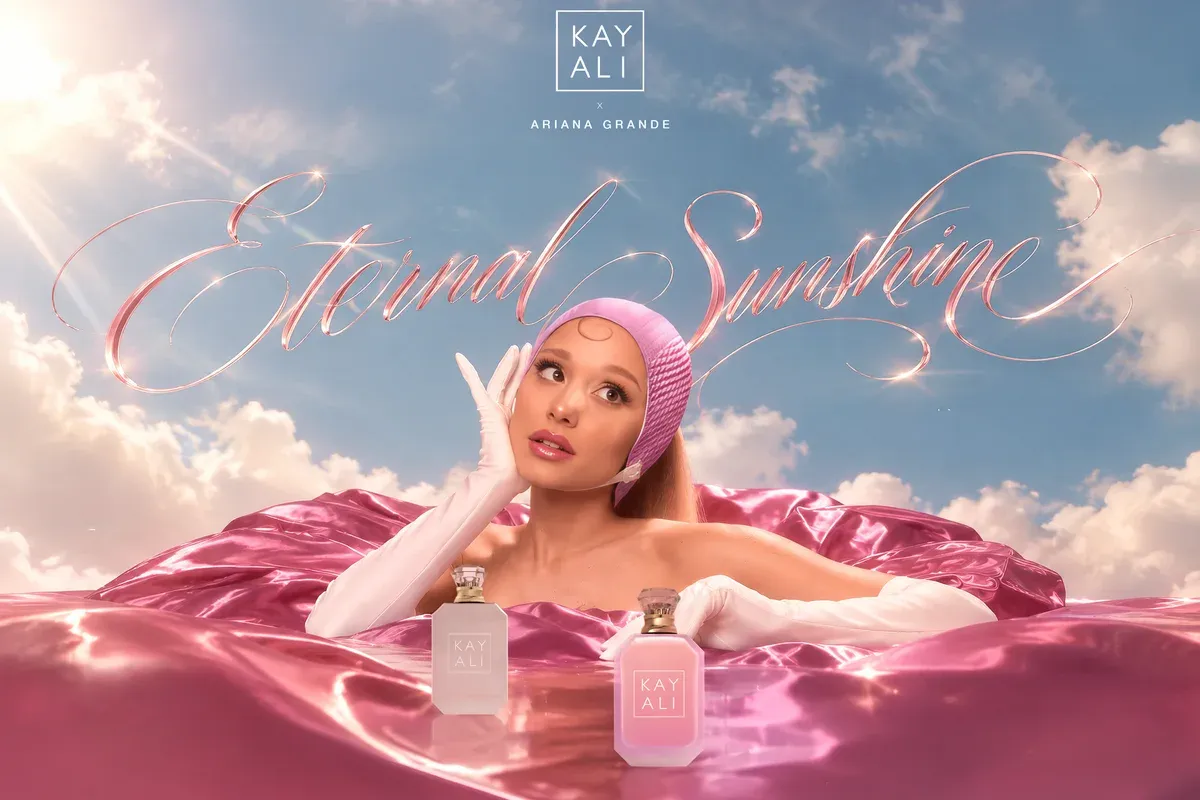 Eternal Sunshine key visual: Ariana Grande in pink satin under a summer sky with both flacons