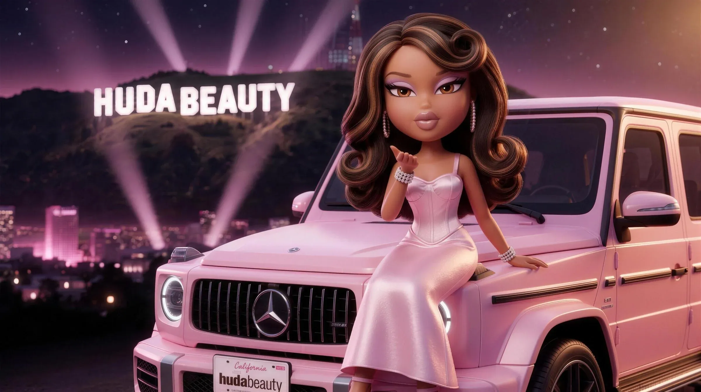 Night drive: the doll on the bonnet of her pink G-Class, blowing a kiss, the sign lit behind her