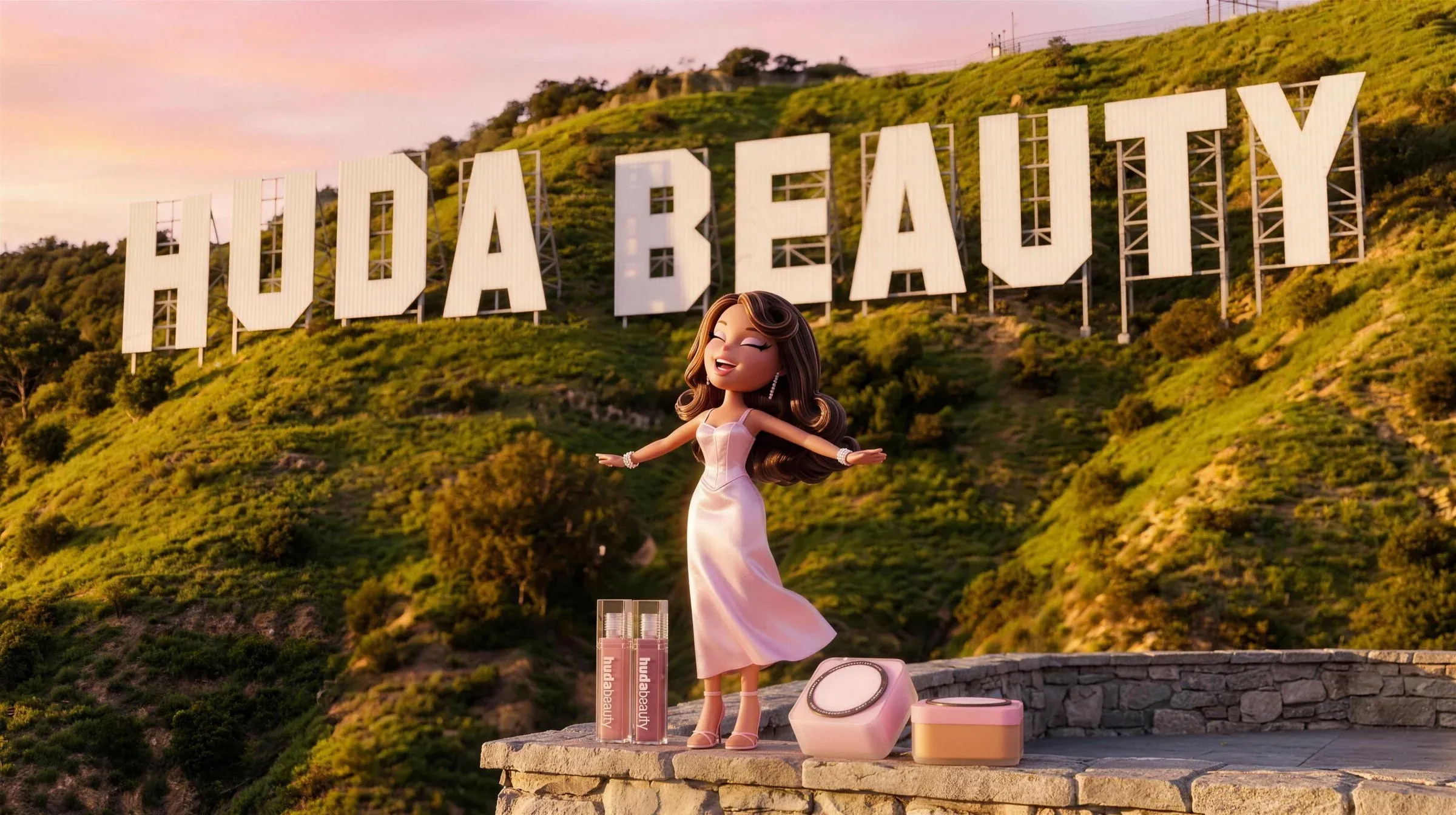 Key visual: the Huda × Bratz doll at golden hour under a Hollywood sign that reads HUDA BEAUTY, the collection on the wall beside her