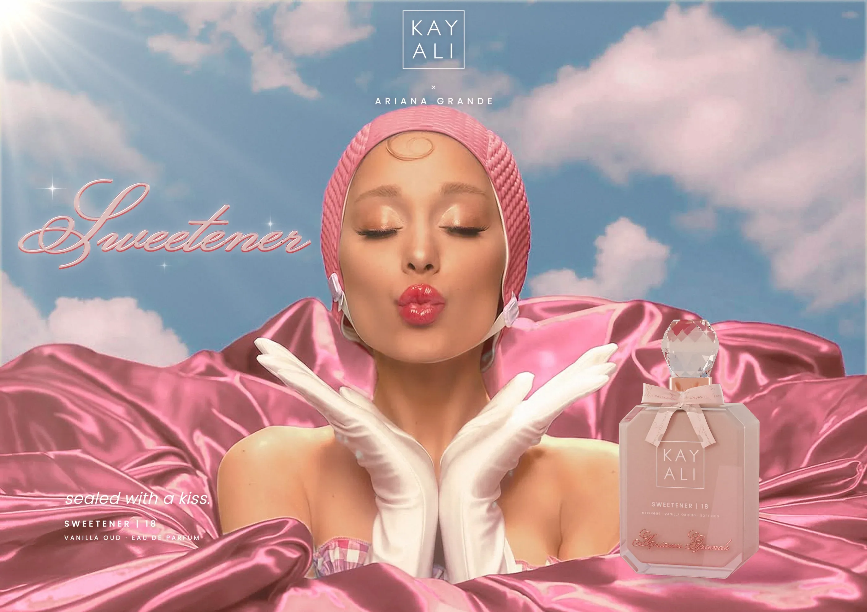 Sweetener key visual: Ariana Grande blowing a kiss, “sealed with a kiss.”