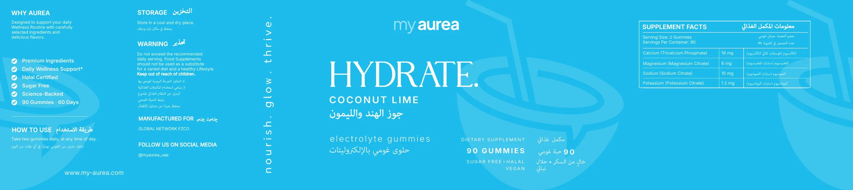 The my hydrate label, flat: the full print strip in bright blue