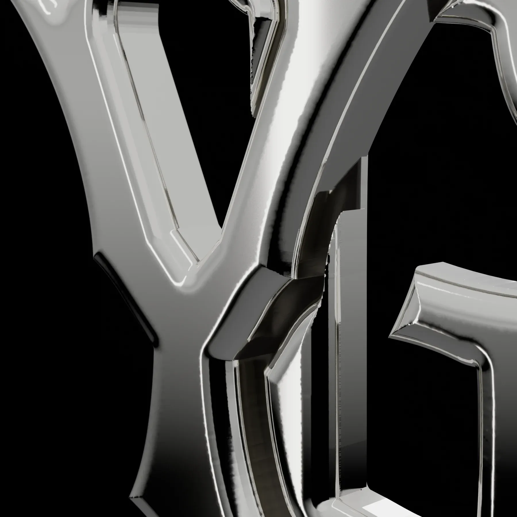 Macro render of the silver mark: Knock-outs: the letters are cut out of the steel.