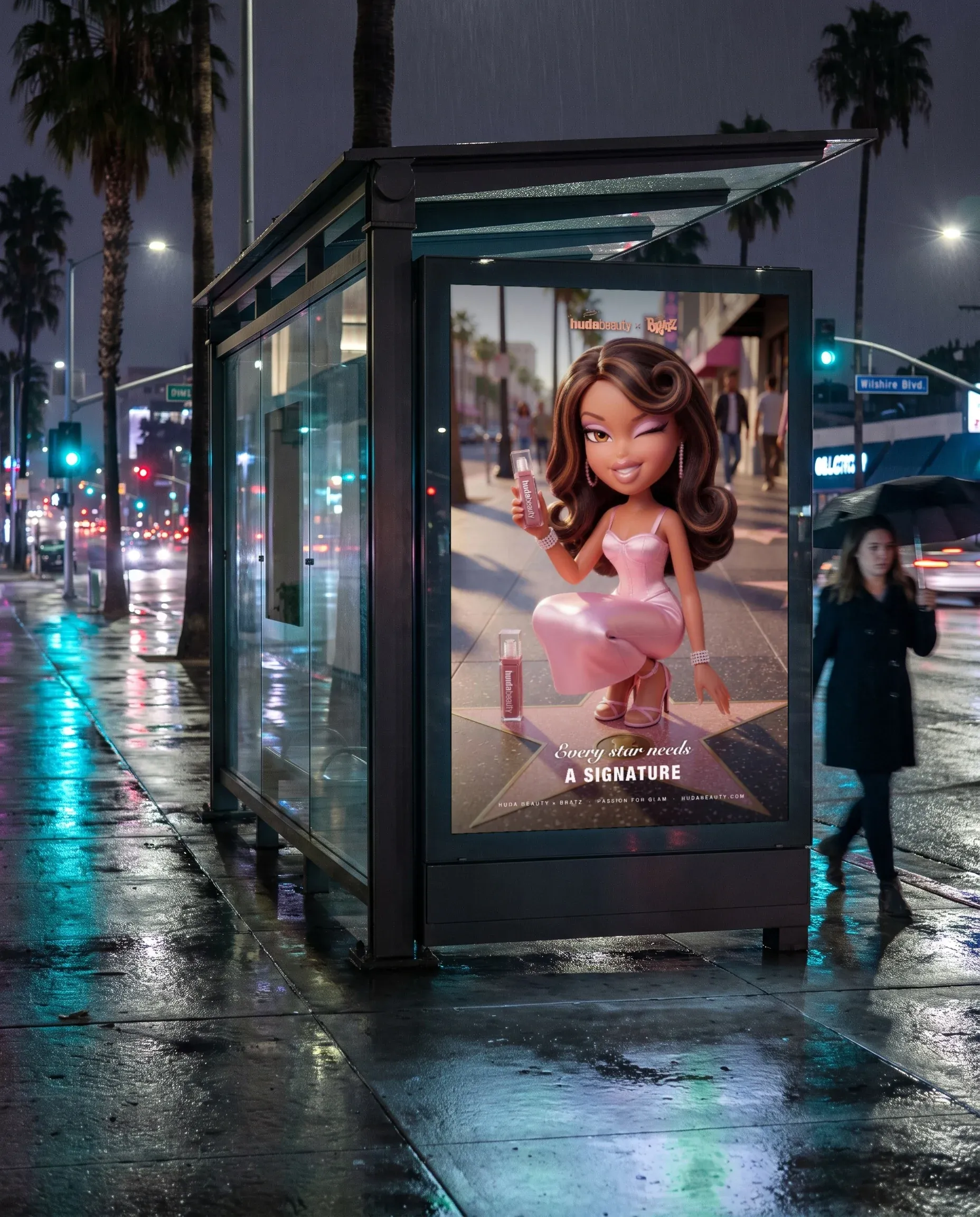 The Walk-of-Fame poster in a bus shelter on a wet night