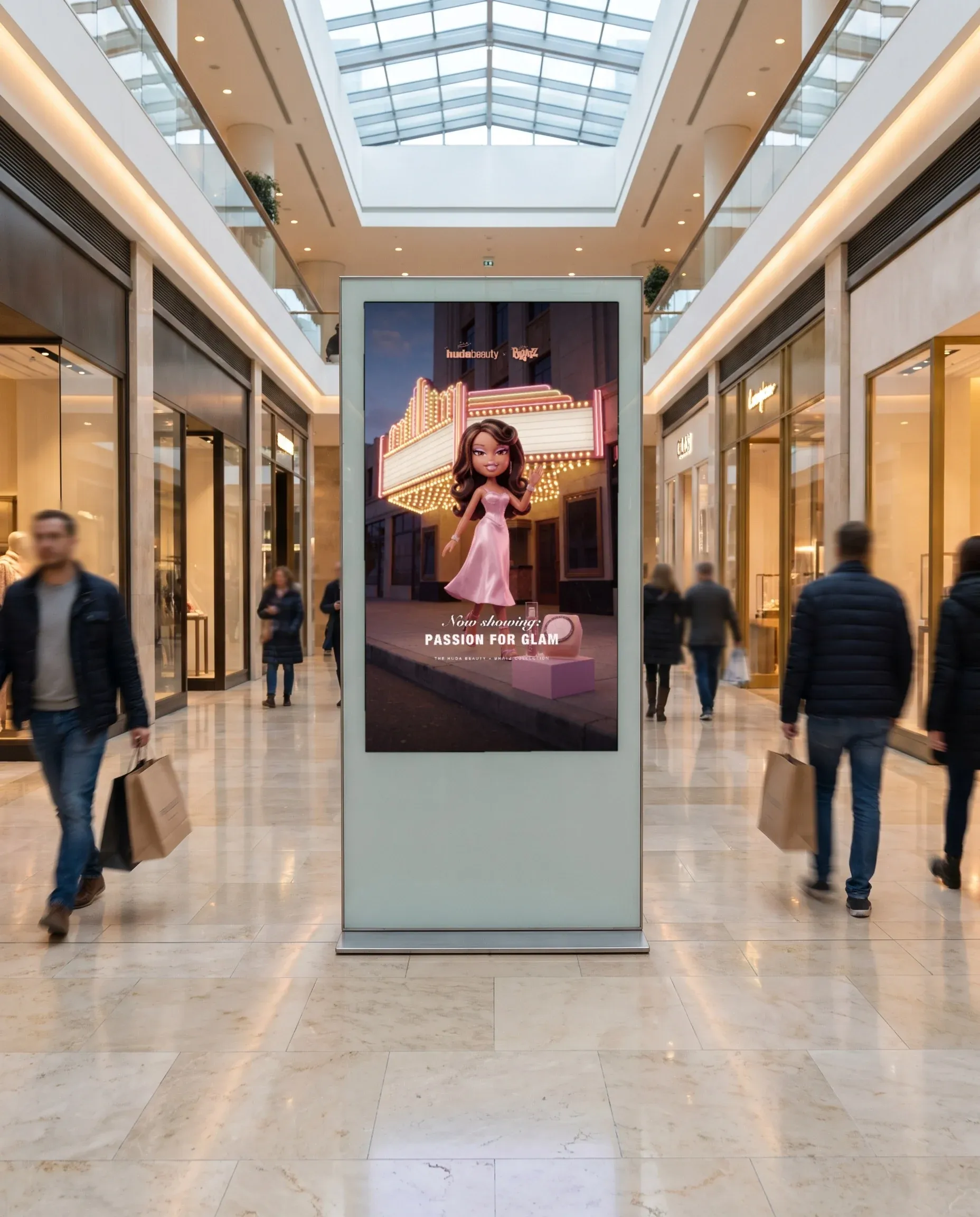A digital screen in a mall showing the premiere scene