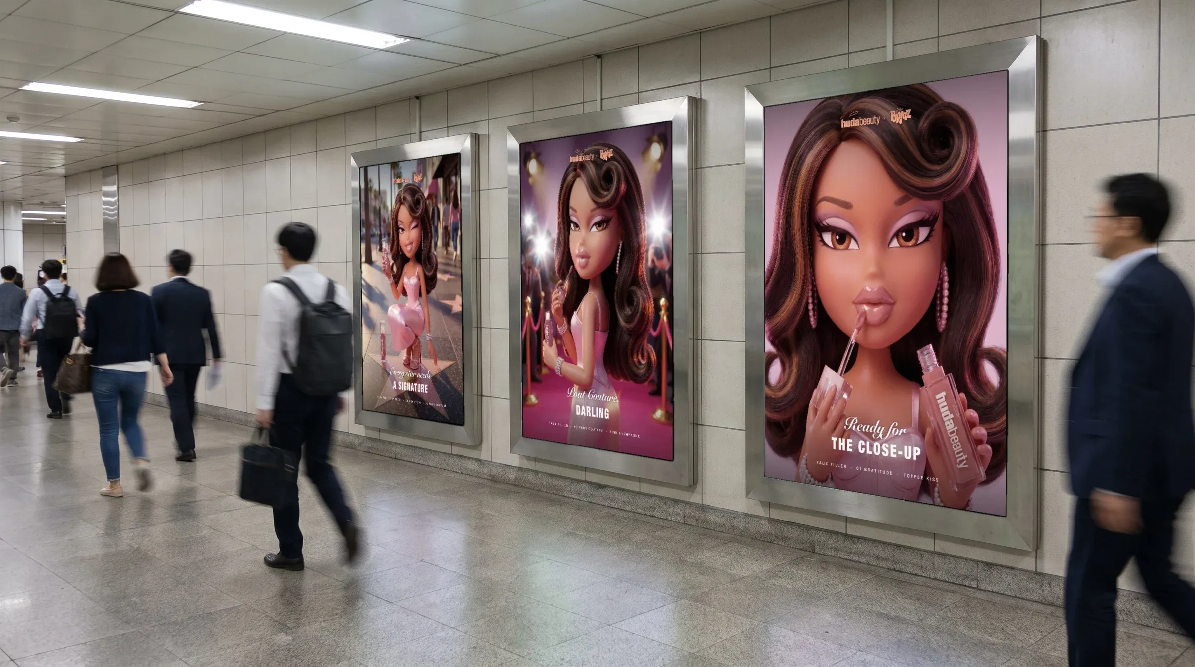 A run of close-up posters in a metro corridor