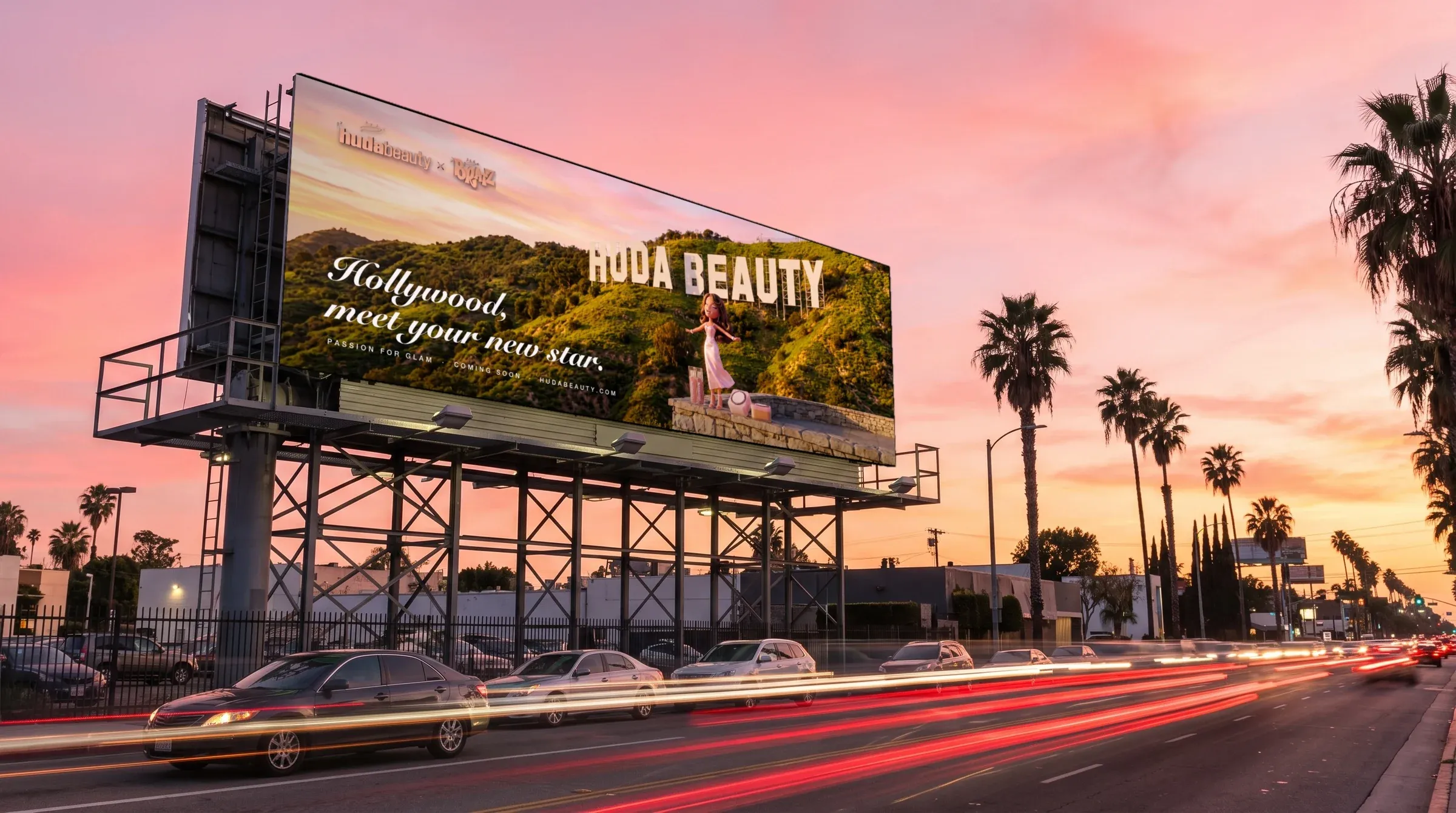 A 48 × 14 ft bulletin on Sunset Boulevard at dusk, “Hollywood, meet your new star.”