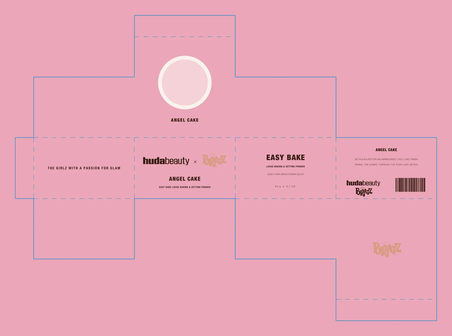 Dieline and print layers of the Angel Cake carton