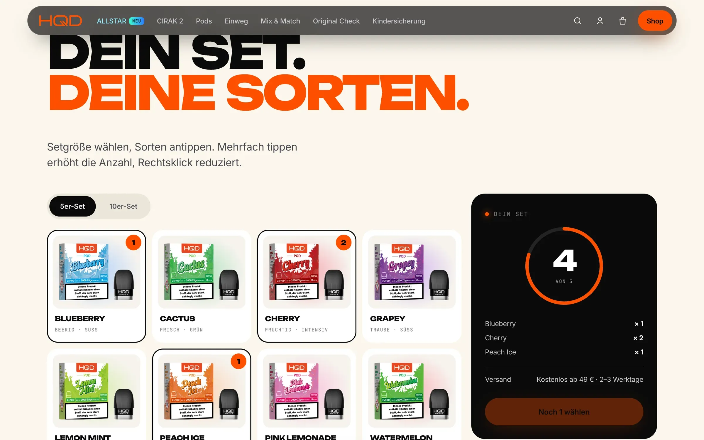 Mix & Match set builder with pod packshots and a progress ring