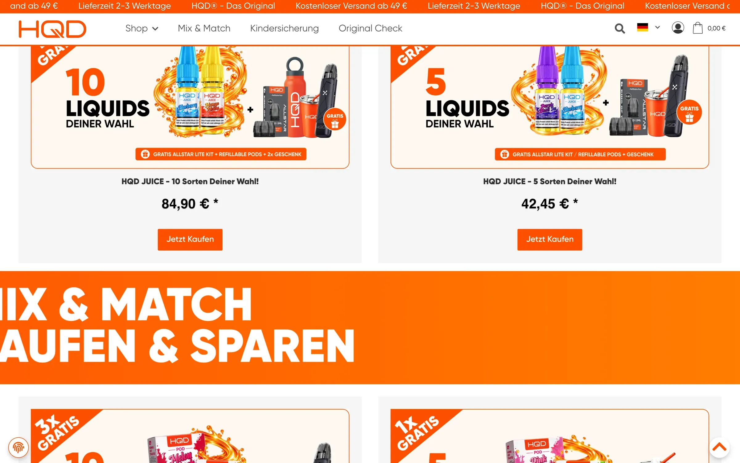 Old site: promotion tiles for liquid bundles, “gratis” ribbons and prices