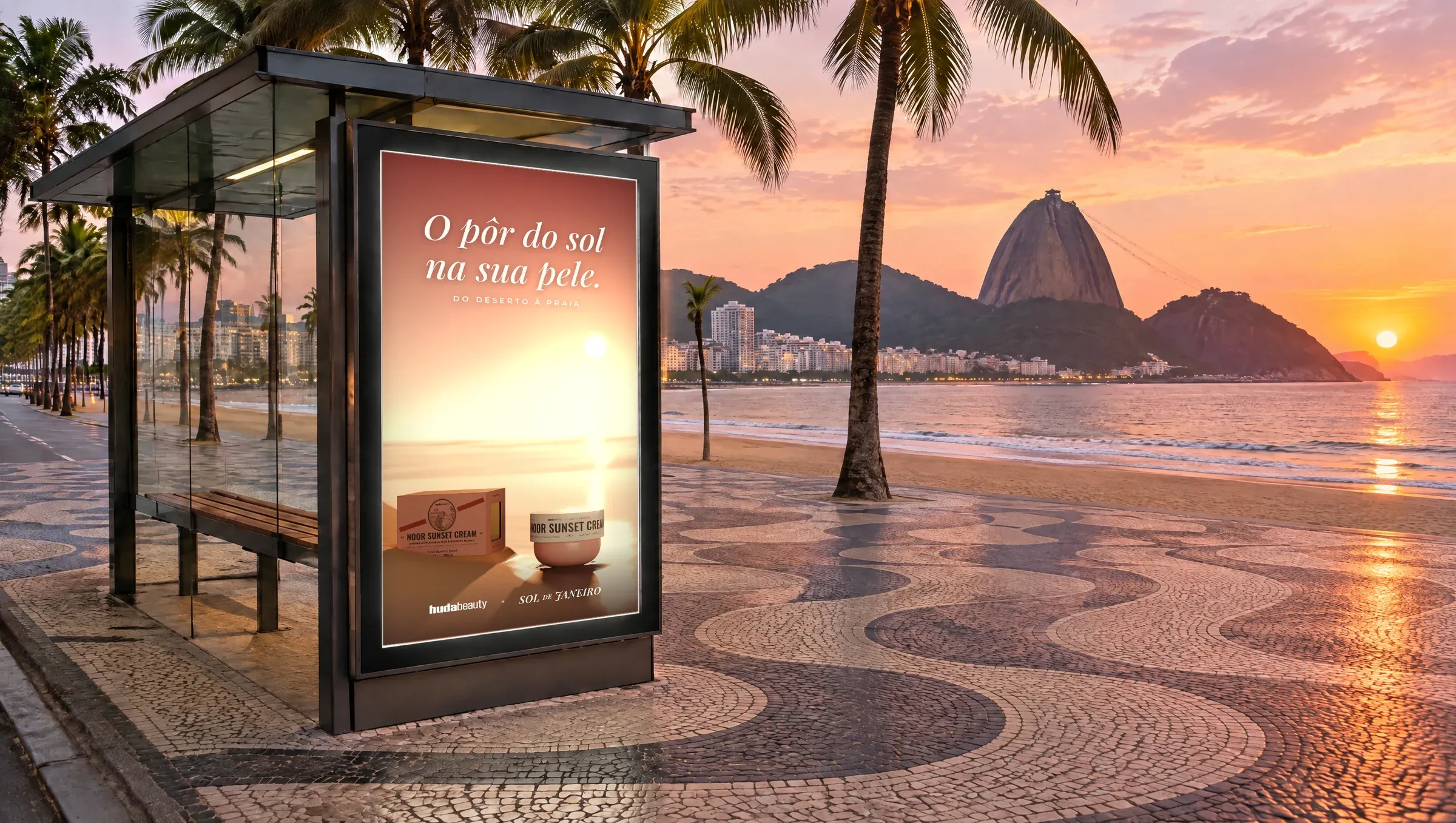 A bus shelter on the Copacabana promenade at sunset: Noor Sunset at the waterline, “O pôr do sol na sua pele.”