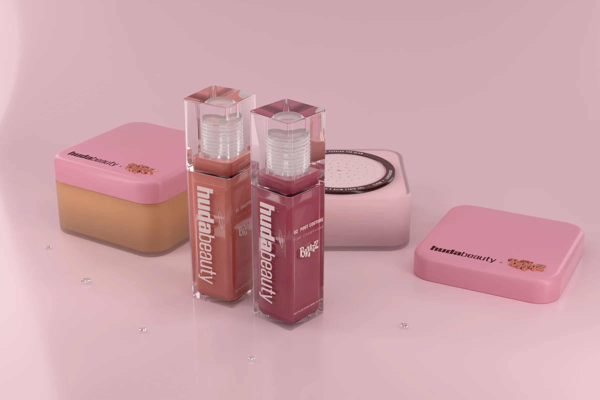 The Passion for Glam collection: two Faux Filler glosses and two Easy Bake jars on pink